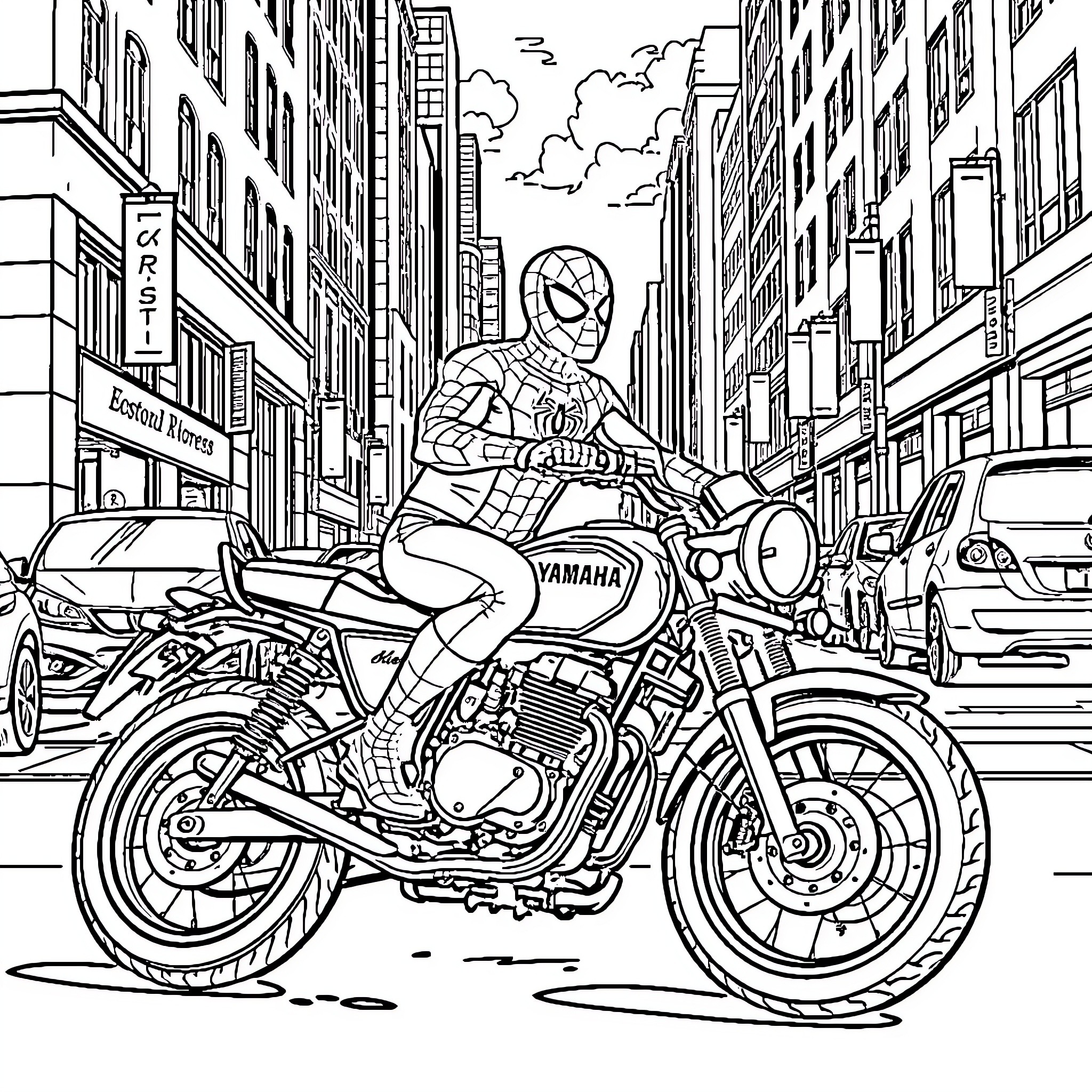 Spiderman riding a motorcycle through the city Coloring Page (free black-and-white line drawing printable PDF for all, from beginners to advanced learners, including children, teens, adults, and seniors)