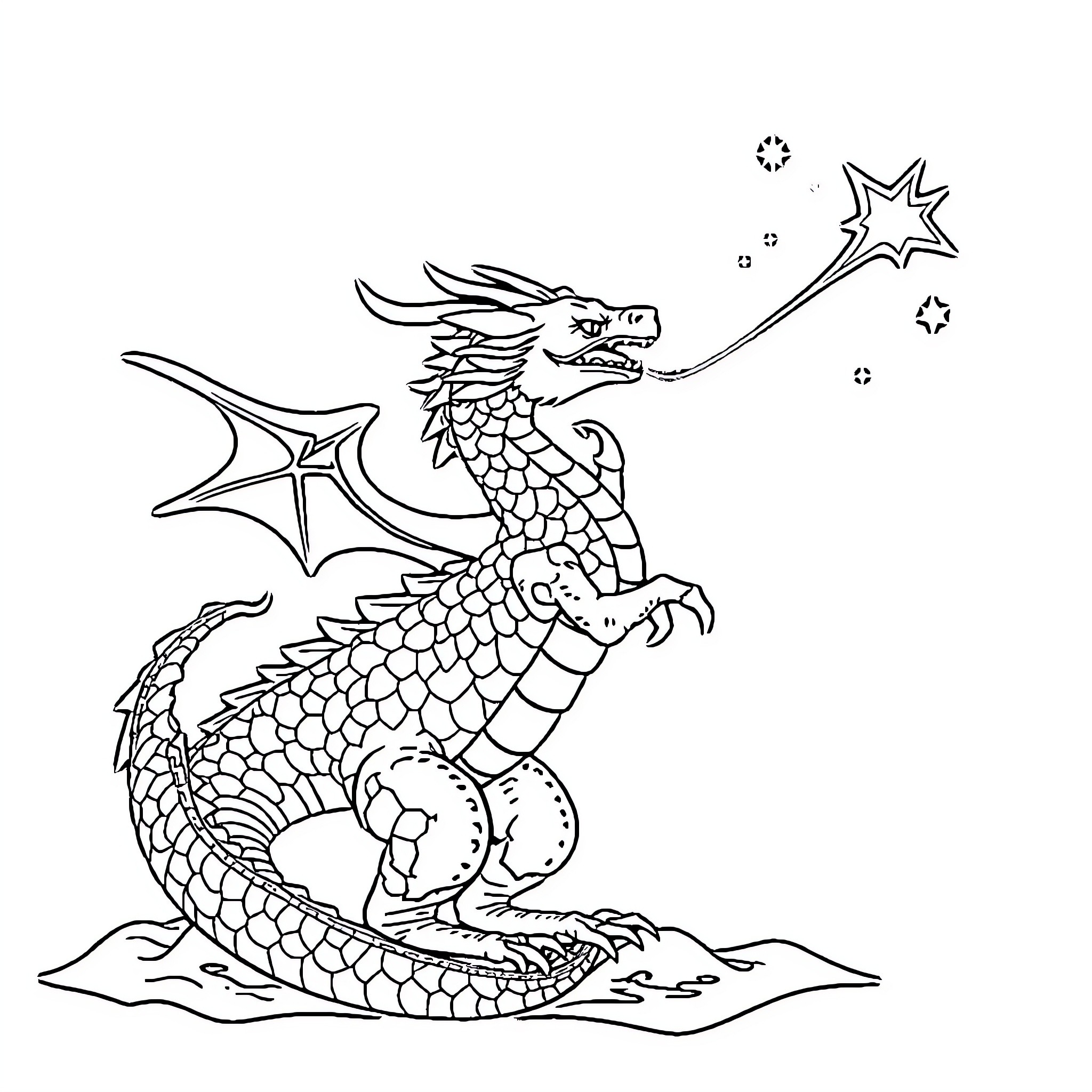 Dragon breathing magical fire under the stars Coloring Page (free black-and-white line drawing printable PDF for all, from beginners to advanced learners, including children, teens, adults, and seniors)