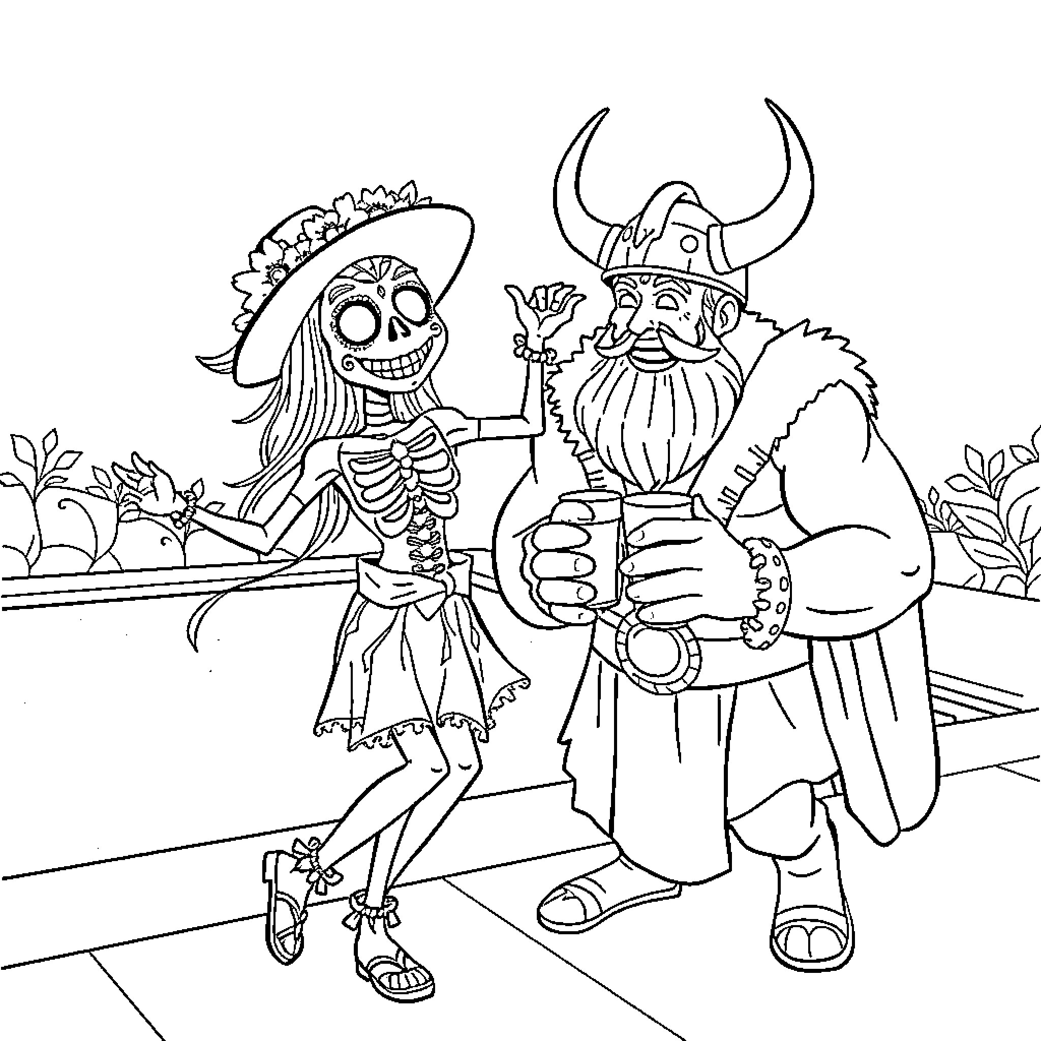 Calavera Couple's Celebration Coloring Page (free black-and-white line drawing printable PDF for all, from beginners to advanced learners, including children, teens, adults, and seniors)