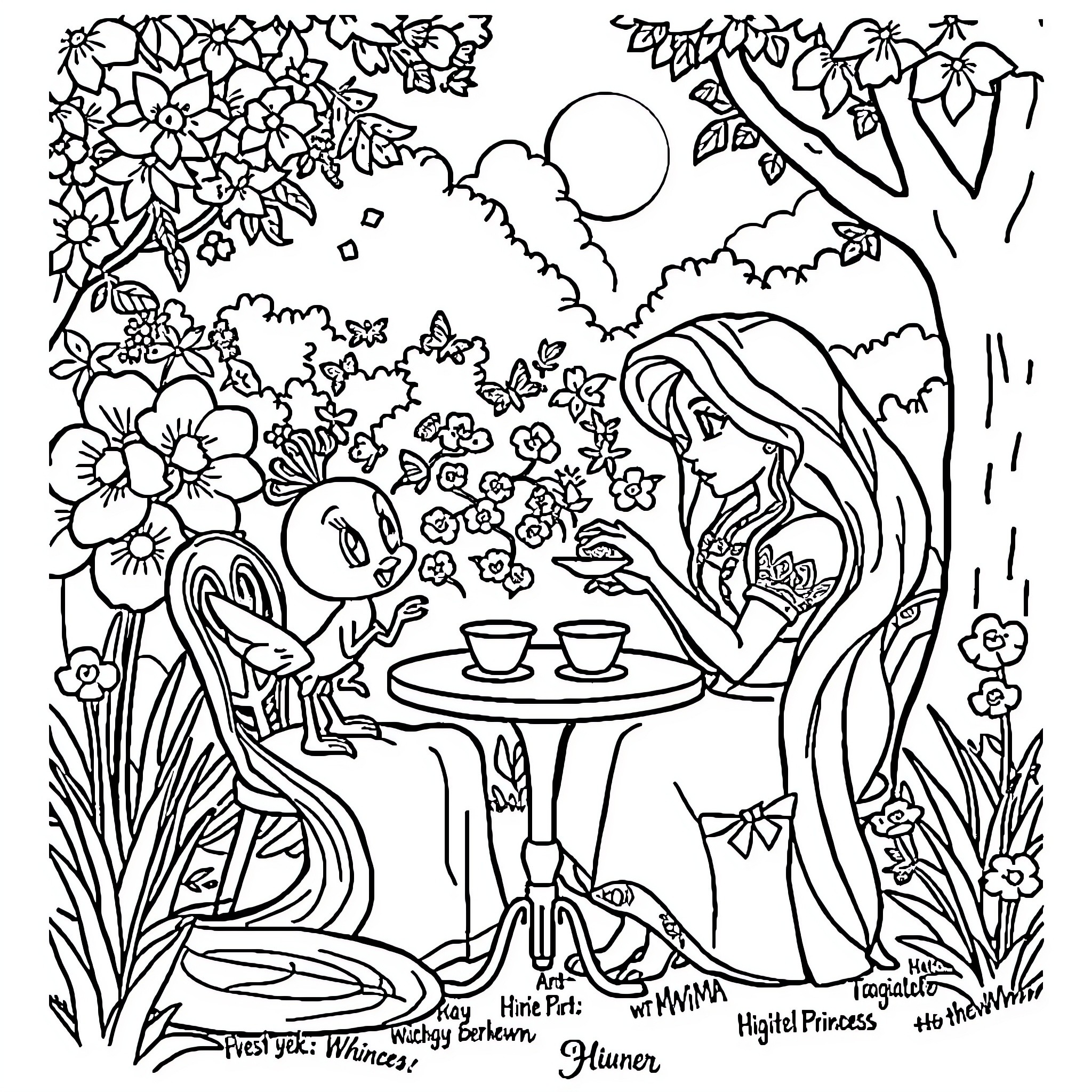 Princess Enjoying Tea Time in Enchanted Garden Coloring Page (free black-and-white line drawing printable PDF for all, from beginners to advanced learners, including children, teens, adults, and seniors)