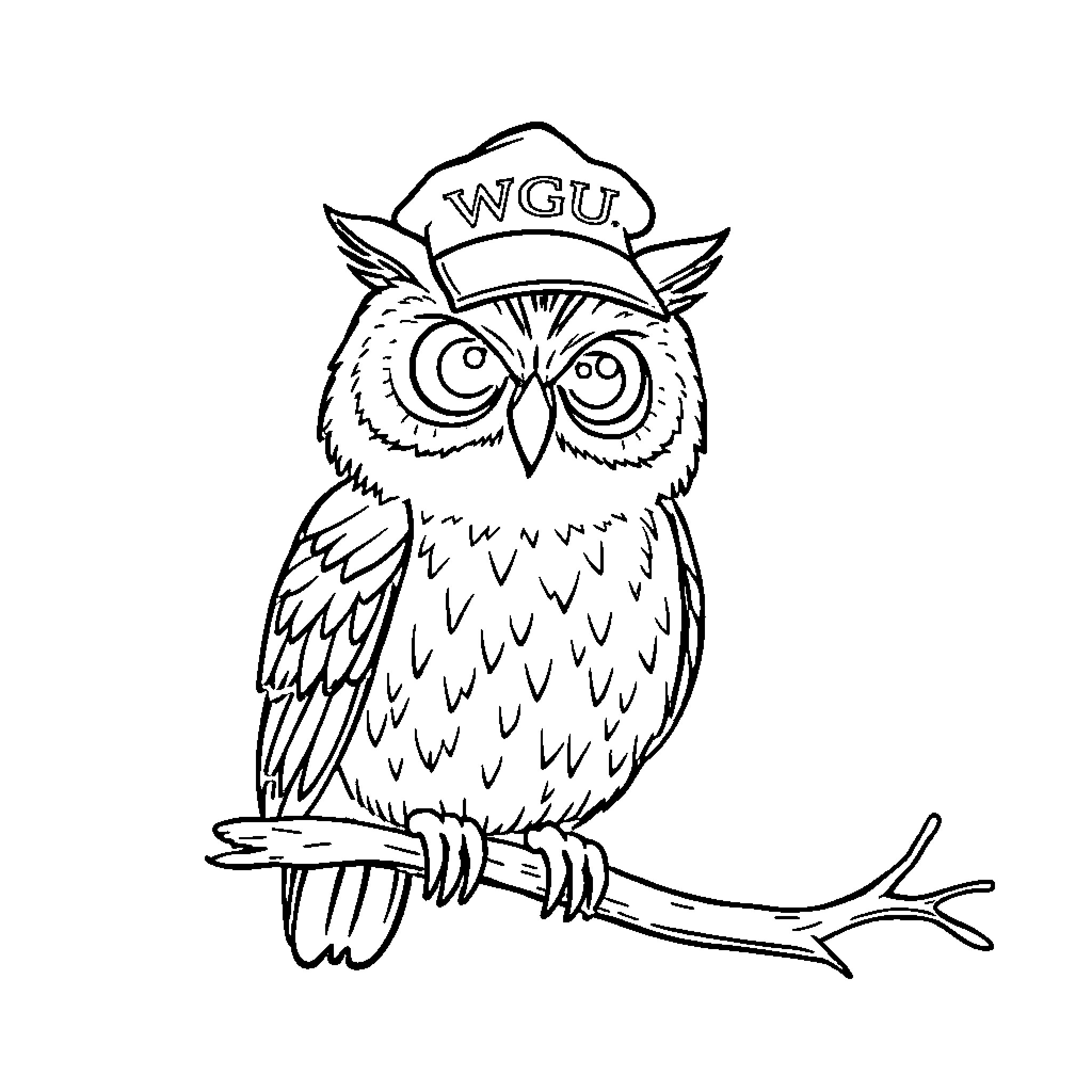 Owl wearing a WGU cap Coloring Page (free black-and-white line drawing printable PDF for all, from beginners to advanced learners, including children, teens, adults, and seniors)