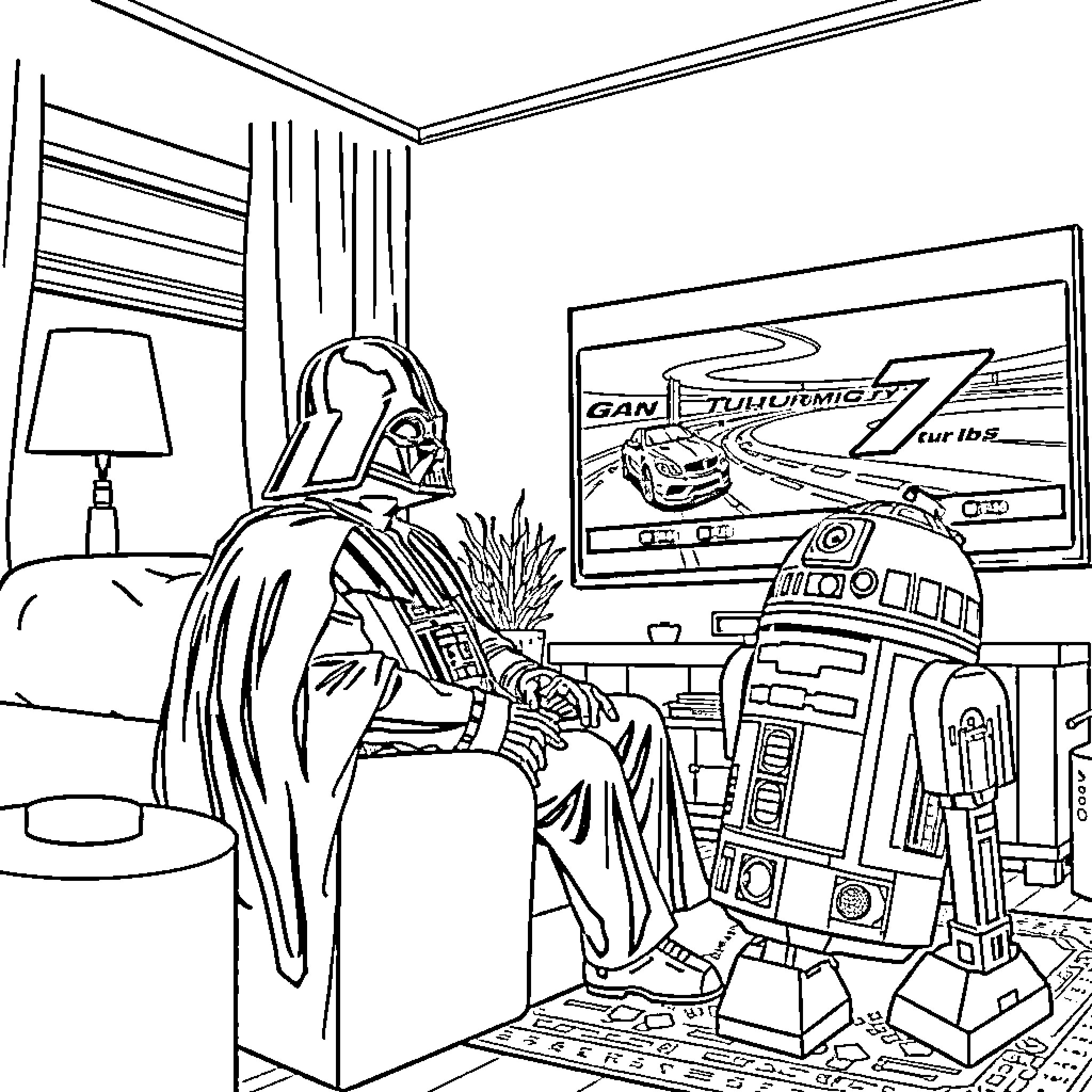 Darth Vader watching racing game with droids Coloring Page (free black-and-white line drawing printable PDF for all, from beginners to advanced learners, including children, teens, adults, and seniors)