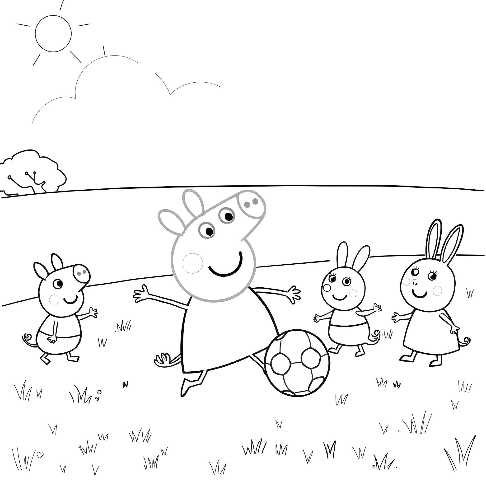 Peppa Pig and friends playing soccer in the park Coloring Page (free black-and-white line drawing printable PDF for all, from beginners to advanced learners, including children, teens, adults, and seniors)
