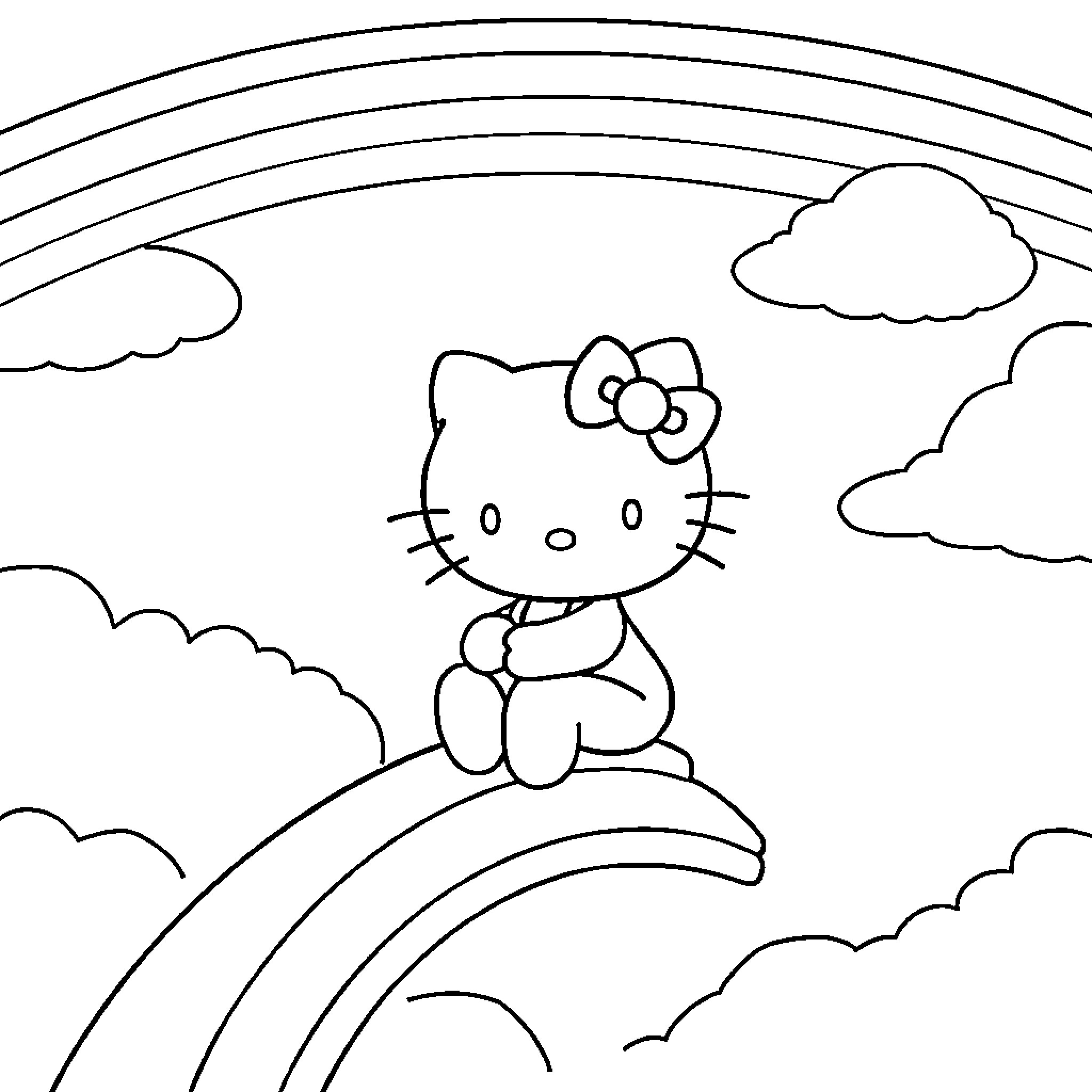 Hello Kitty sitting on a rainbow in the sky Coloring Page (free black-and-white line drawing printable PDF for all, from beginners to advanced learners, including children, teens, adults, and seniors)