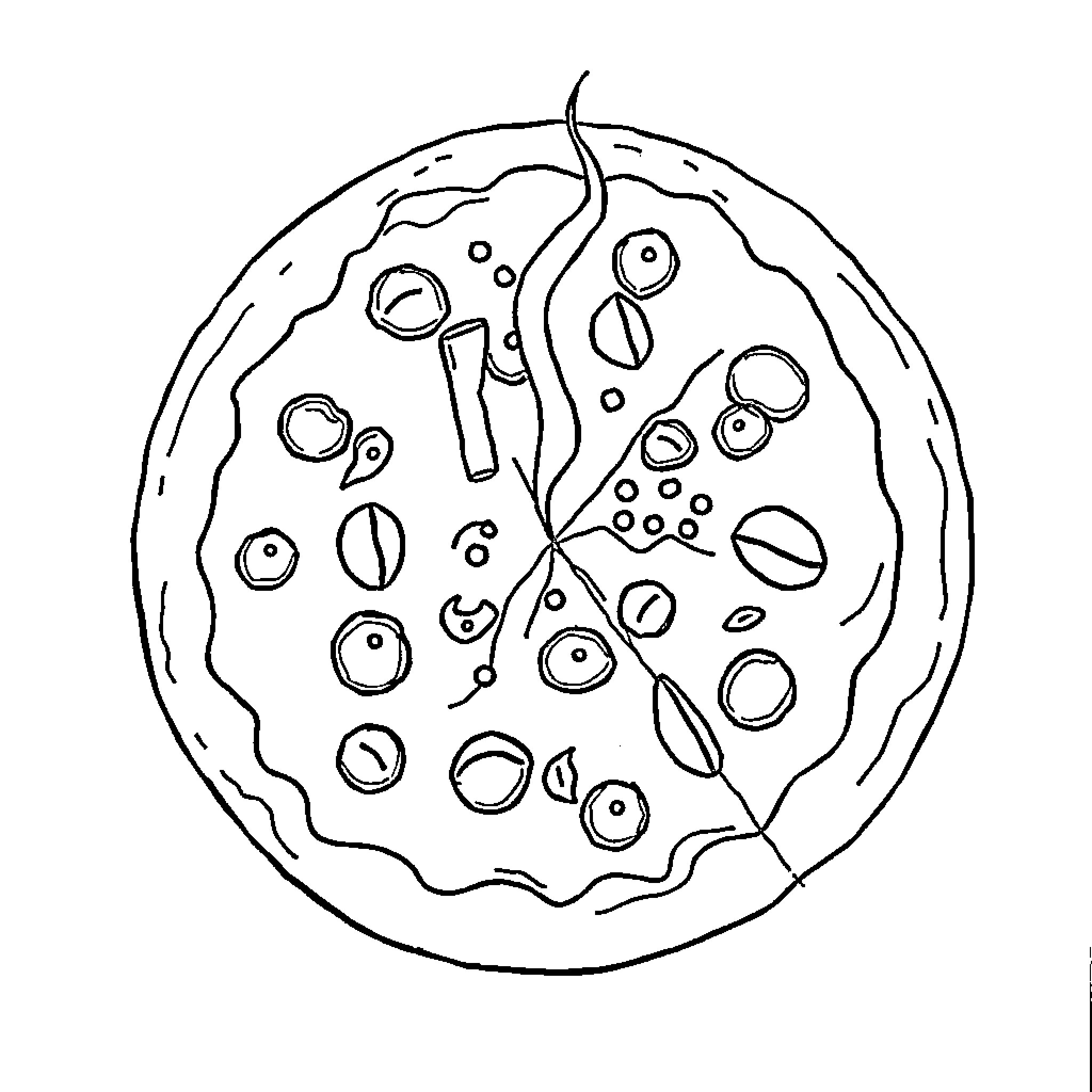 Pizza with various toppings Coloring Page (free black-and-white line drawing printable PDF for all, from beginners to advanced learners, including children, teens, adults, and seniors)