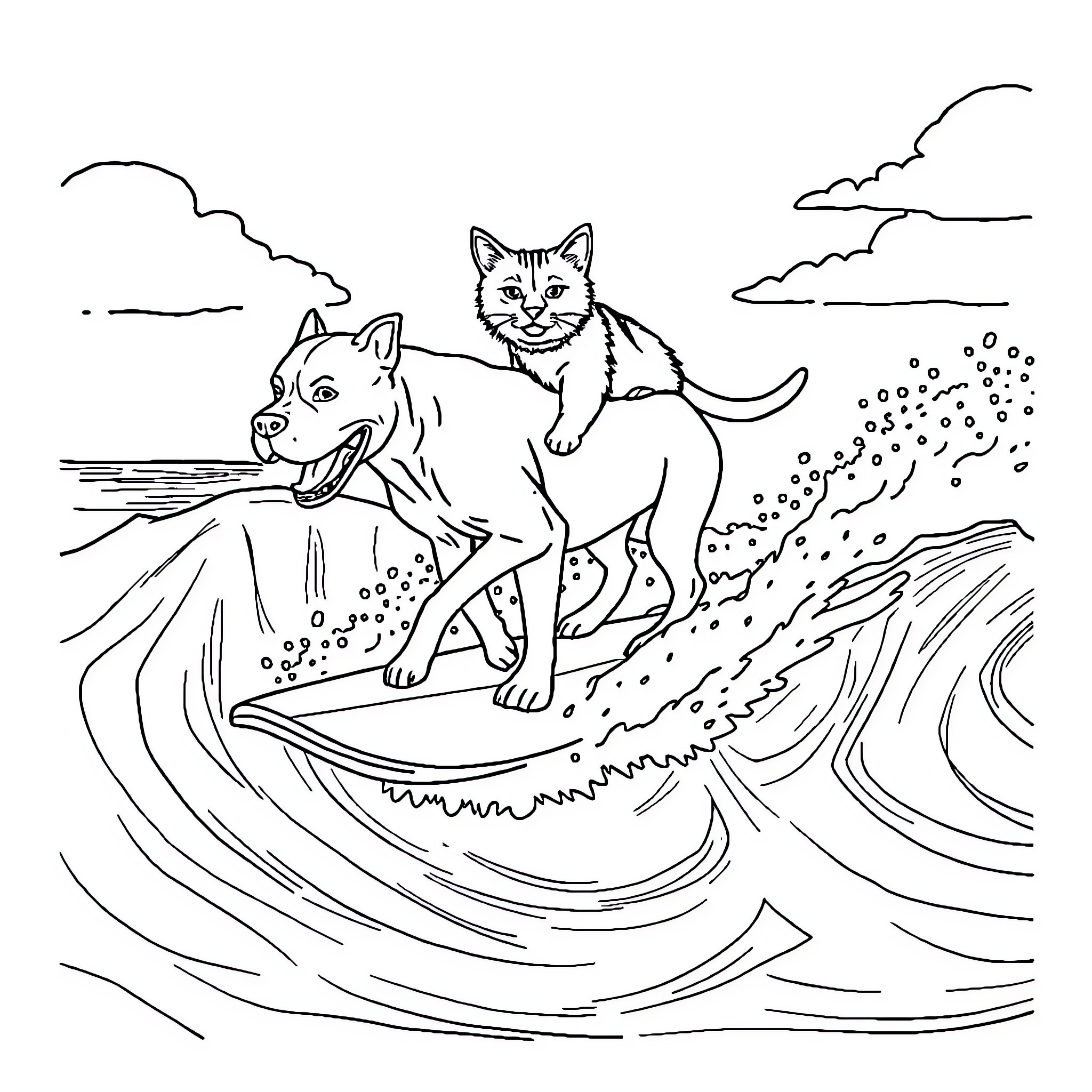 Pitbull and cat surfing together on waves Coloring Page (free black-and-white line drawing printable PDF for all, from beginners to advanced learners, including children, teens, adults, and seniors)