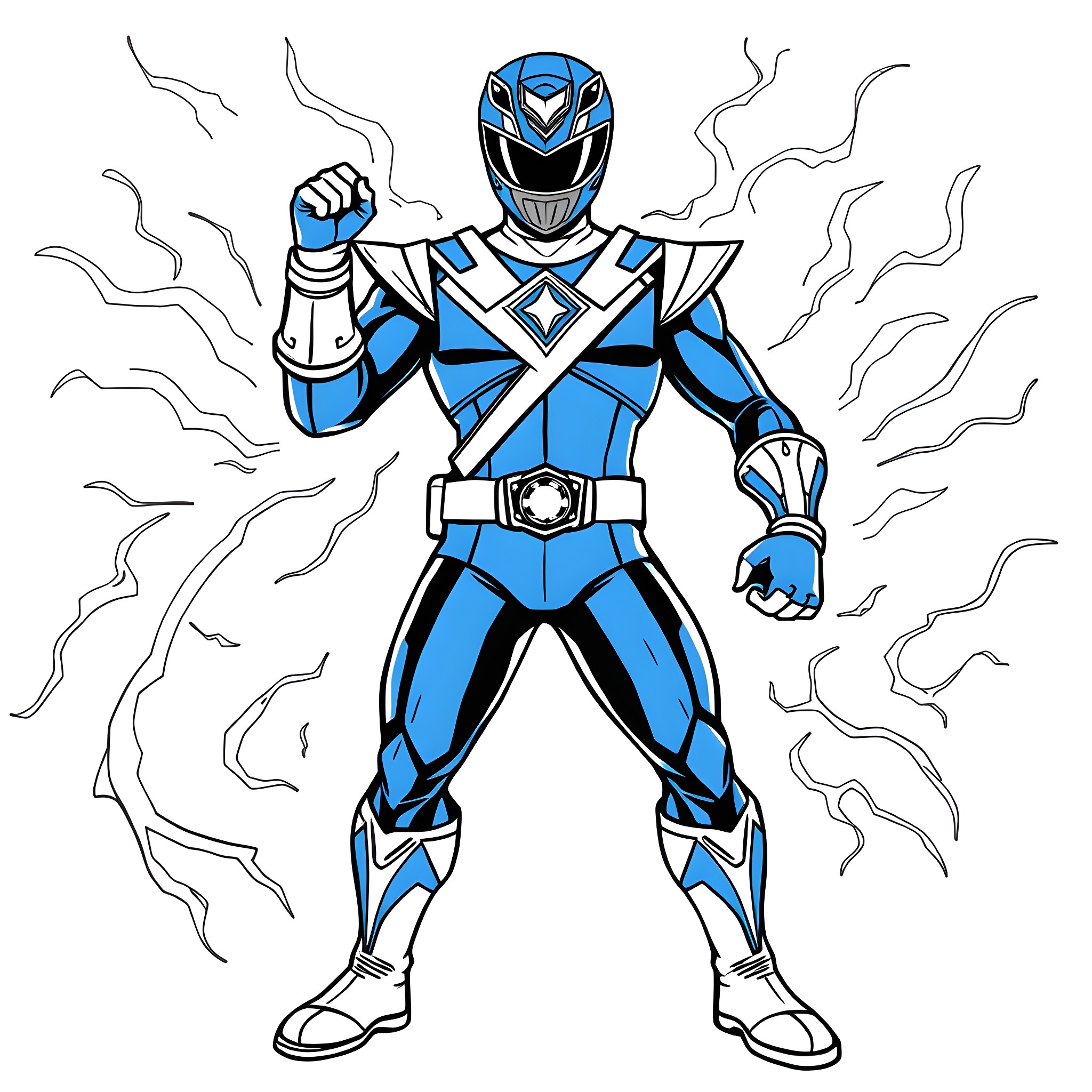 Ninja hero in action-packed pose with electric powers Coloring Page (free black-and-white line drawing printable PDF for all, from beginners to advanced learners, including children, teens, adults, and seniors)