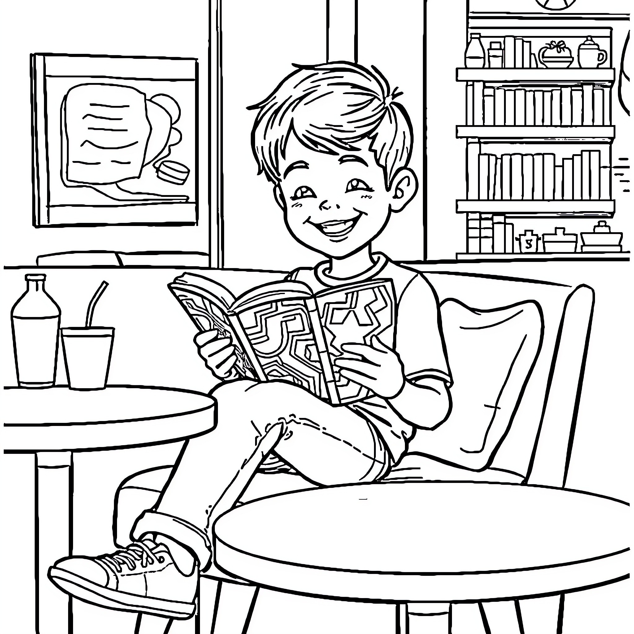 Boy reading a book happily in the study Coloring Page (free black-and-white line drawing printable PDF for all, from beginners to advanced learners, including children, teens, adults, and seniors)