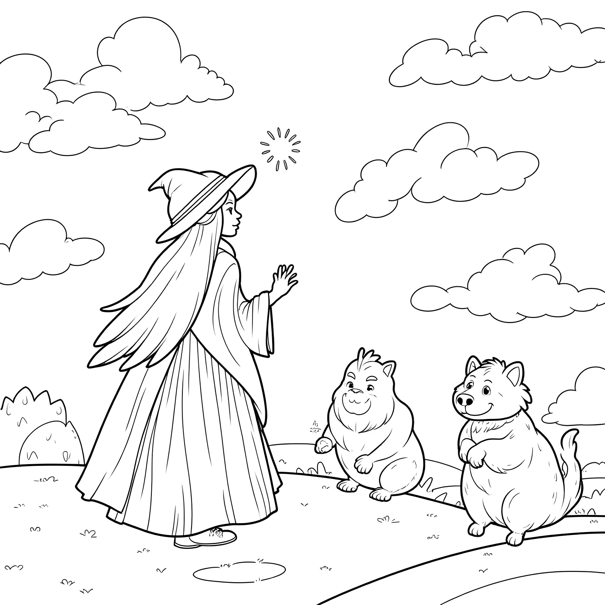 Fantasy Wizard and Friendly Animals in the Clouds Coloring Page (free black-and-white line drawing printable PDF for all, from beginners to advanced learners, including children, teens, adults, and seniors)