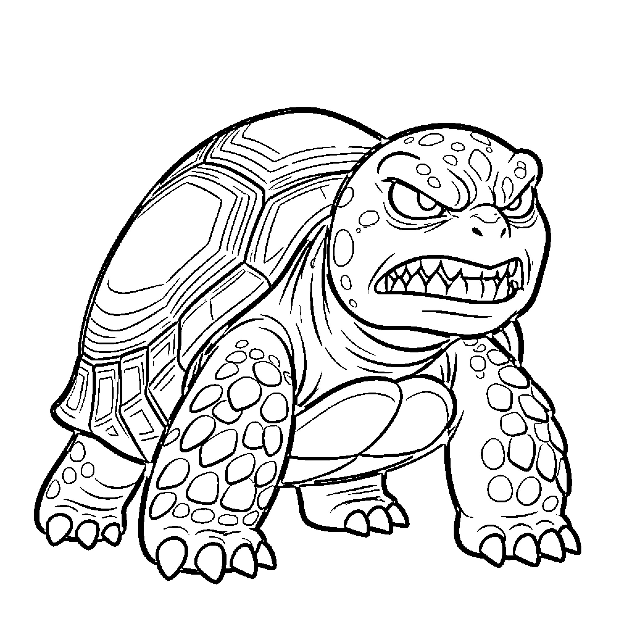 Turtle with an angry and fierce expression Coloring Page (free black-and-white line drawing printable PDF for all, from beginners to advanced learners, including children, teens, adults, and seniors)
