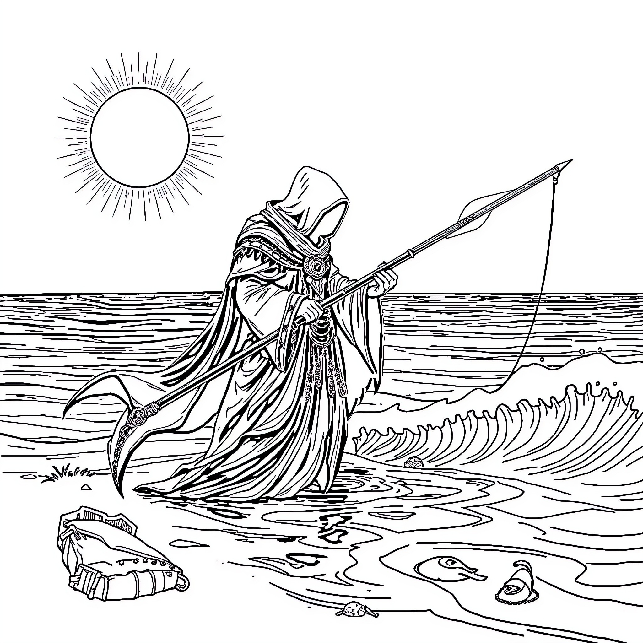 Noctalis Reaper Stalking the Shores Coloring Page (free black-and-white line drawing printable PDF for all, from beginners to advanced learners, including children, teens, adults, and seniors)