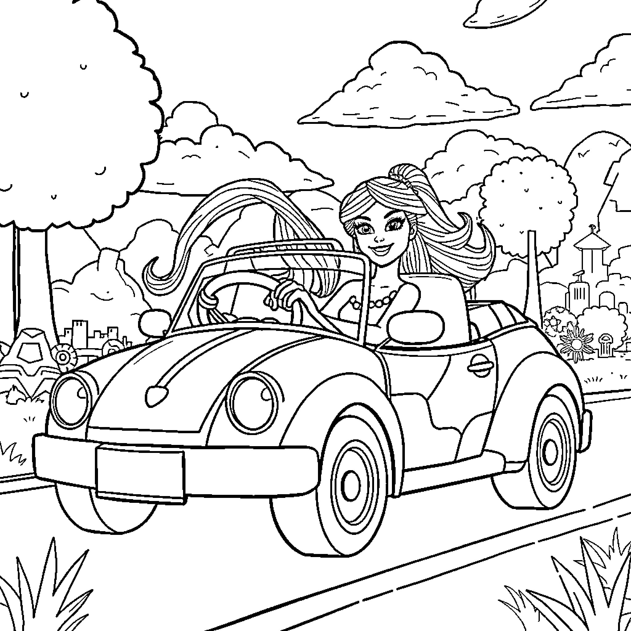Barbie driving a convertible car in the city Coloring Page (free black-and-white line drawing printable PDF for all, from beginners to advanced learners, including children, teens, adults, and seniors)