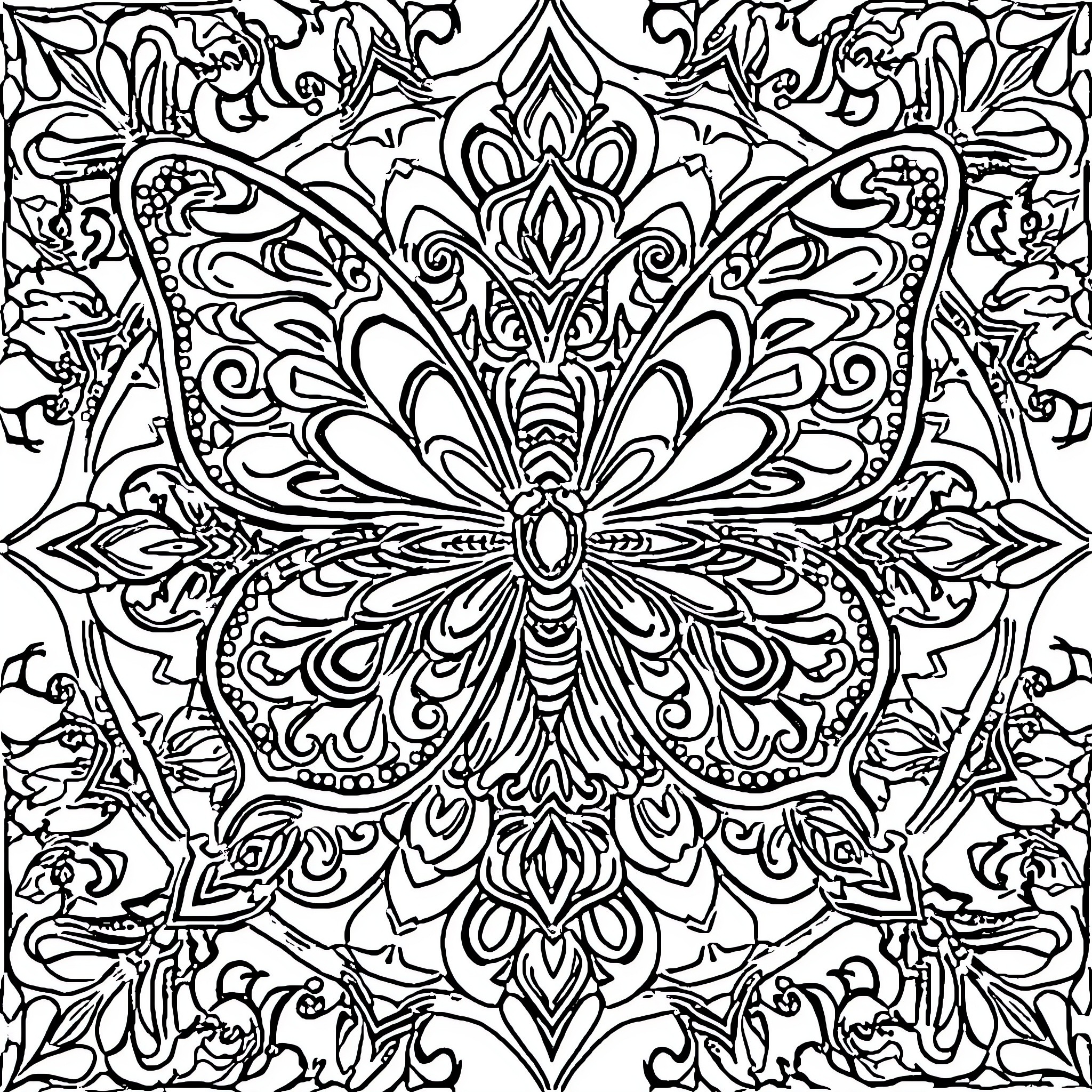 Butterfly of Intricate Floral Designs Coloring Page (free black-and-white line drawing printable PDF for all, from beginners to advanced learners, including children, teens, adults, and seniors)
