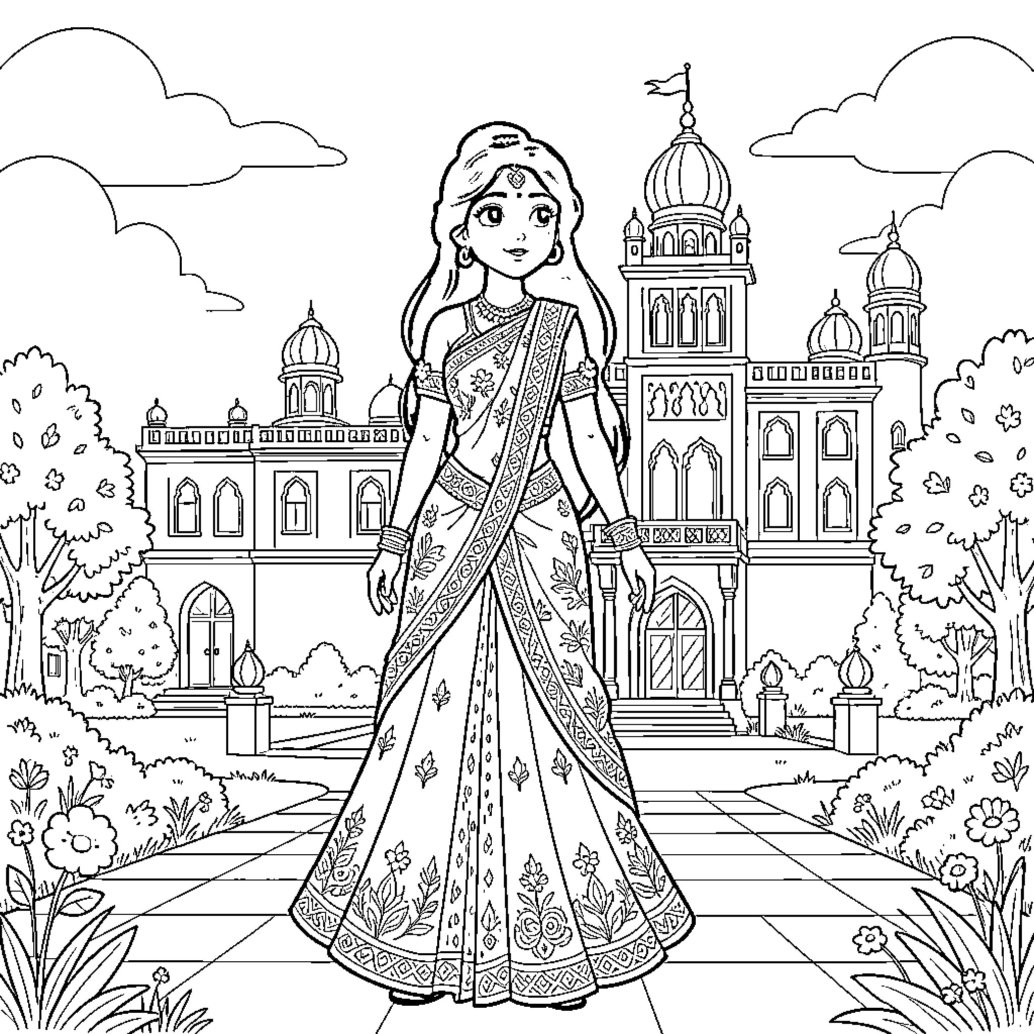 Jasmine standing gracefully in front of a palace Coloring Page (free black-and-white line drawing printable PDF for all, from beginners to advanced learners, including children, teens, adults, and seniors)
