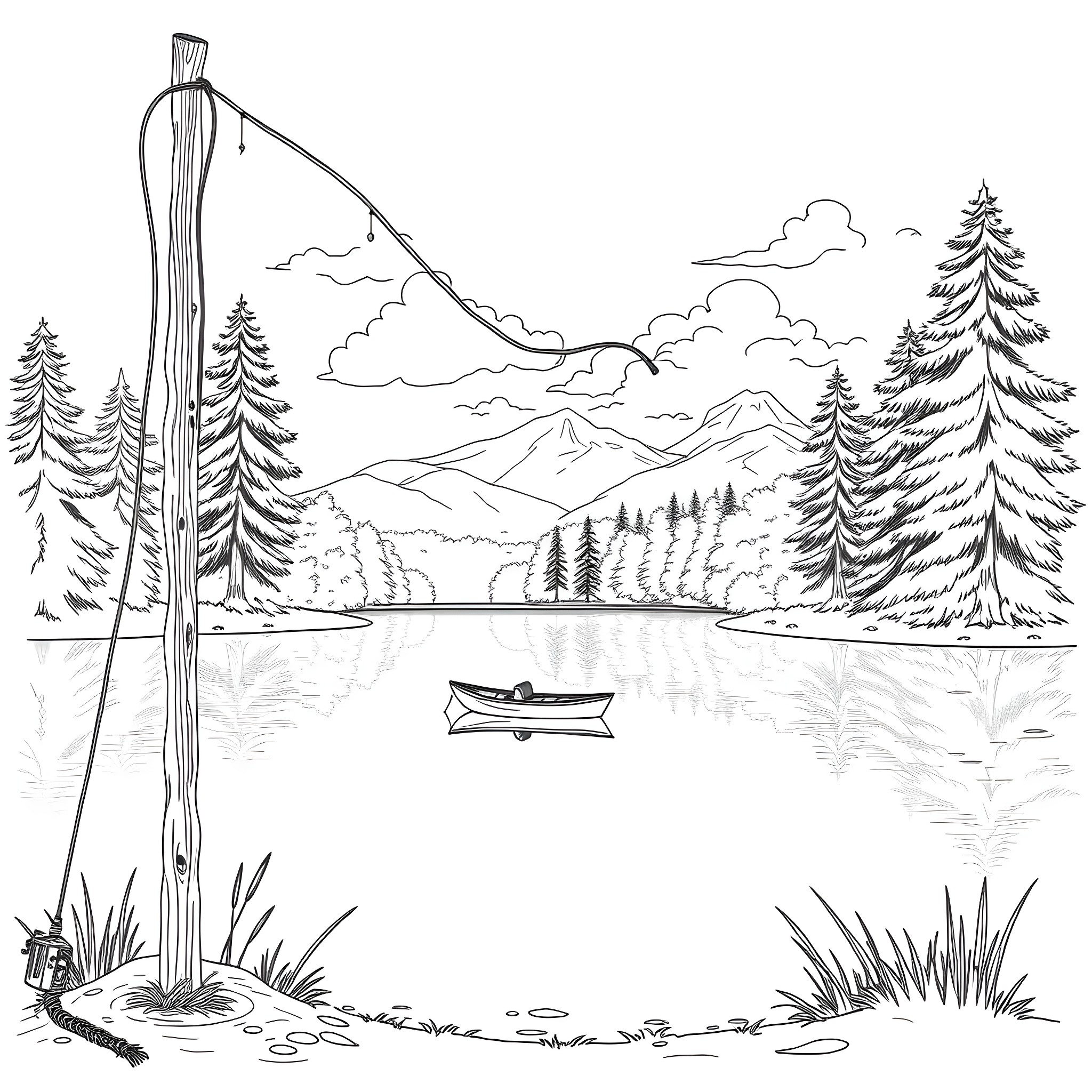 Fishing Pole at Scenic Mountain Lake Coloring Page (free black-and-white line drawing printable PDF for all, from beginners to advanced learners, including children, teens, adults, and seniors)