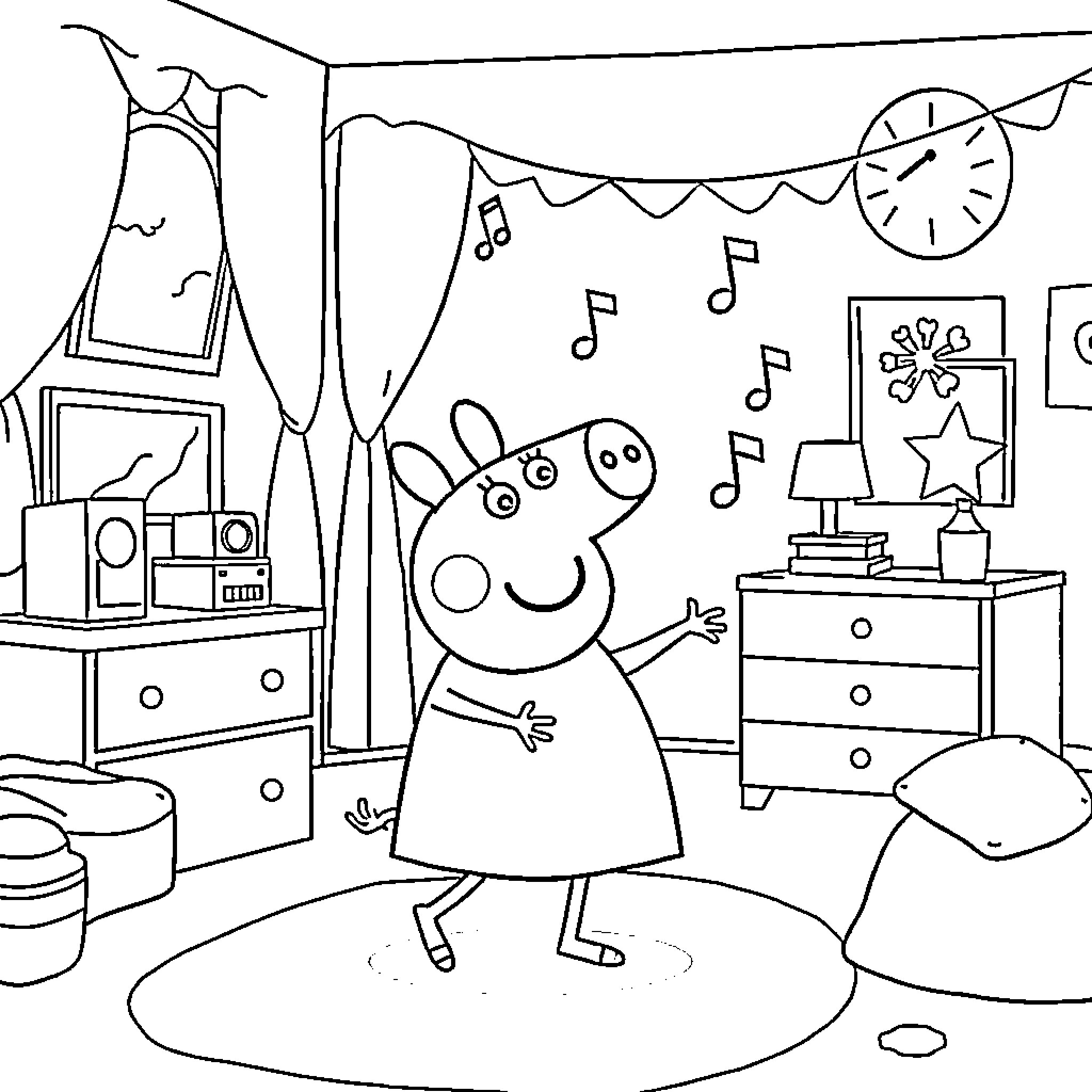Peppa Pig dancing and singing in her bedroom Coloring Page (free black-and-white line drawing printable PDF for all, from beginners to advanced learners, including children, teens, adults, and seniors)