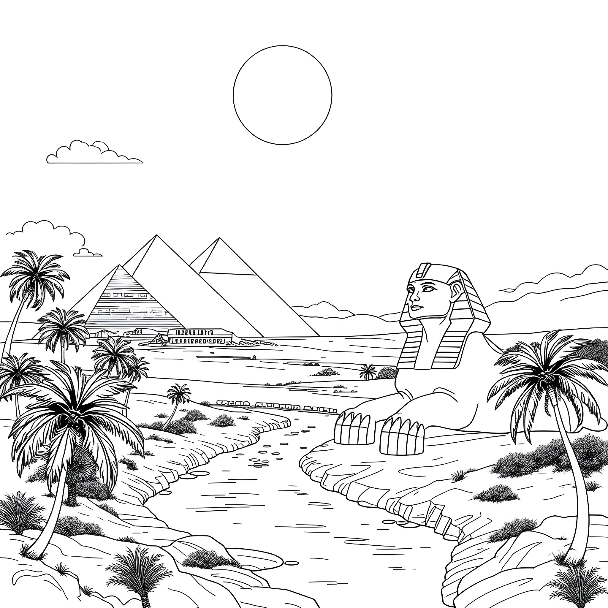 Pyramid with Sphinx in Ancient Egyptian Landscape Coloring Page (free black-and-white line drawing printable PDF for all, from beginners to advanced learners, including children, teens, adults, and seniors)