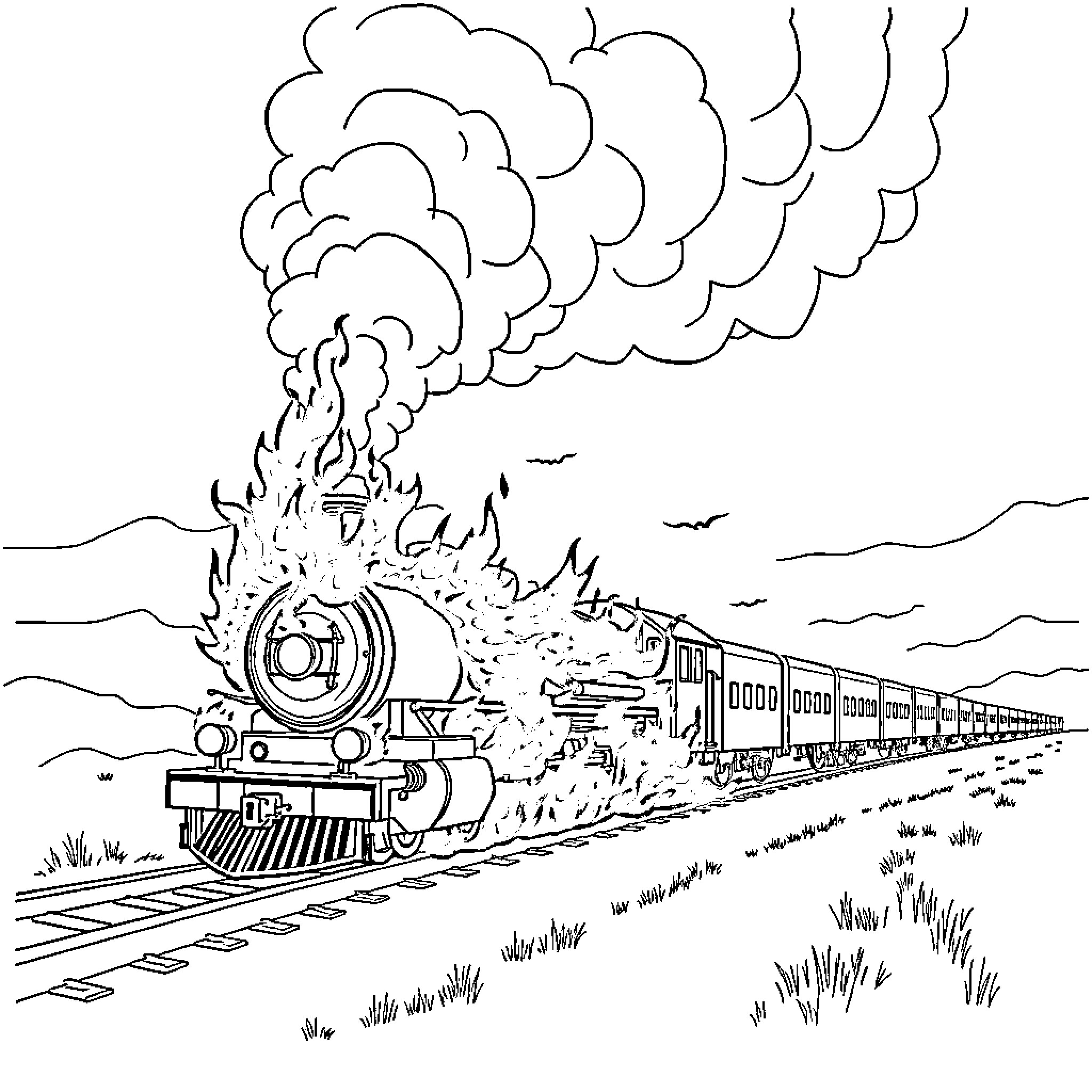 Train speeding through the landscape with billowing smoke Coloring Page (free black-and-white line drawing printable PDF for all, from beginners to advanced learners, including children, teens, adults, and seniors)