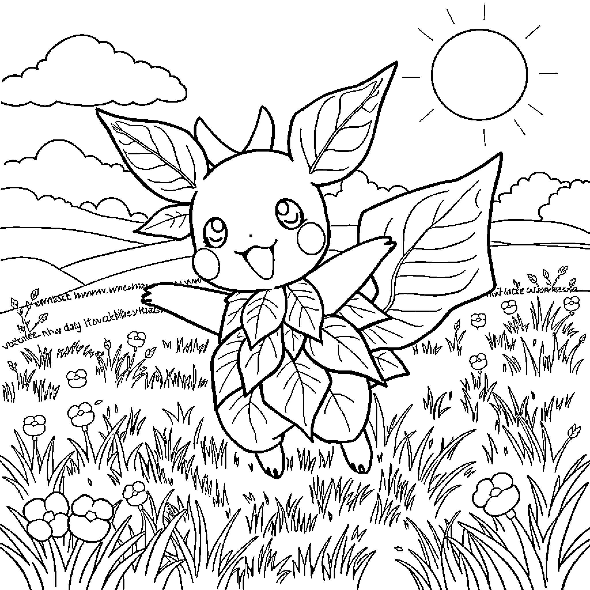 Pokémon character frolicking in nature Coloring Page (free black-and-white line drawing printable PDF for all, from beginners to advanced learners, including children, teens, adults, and seniors)
