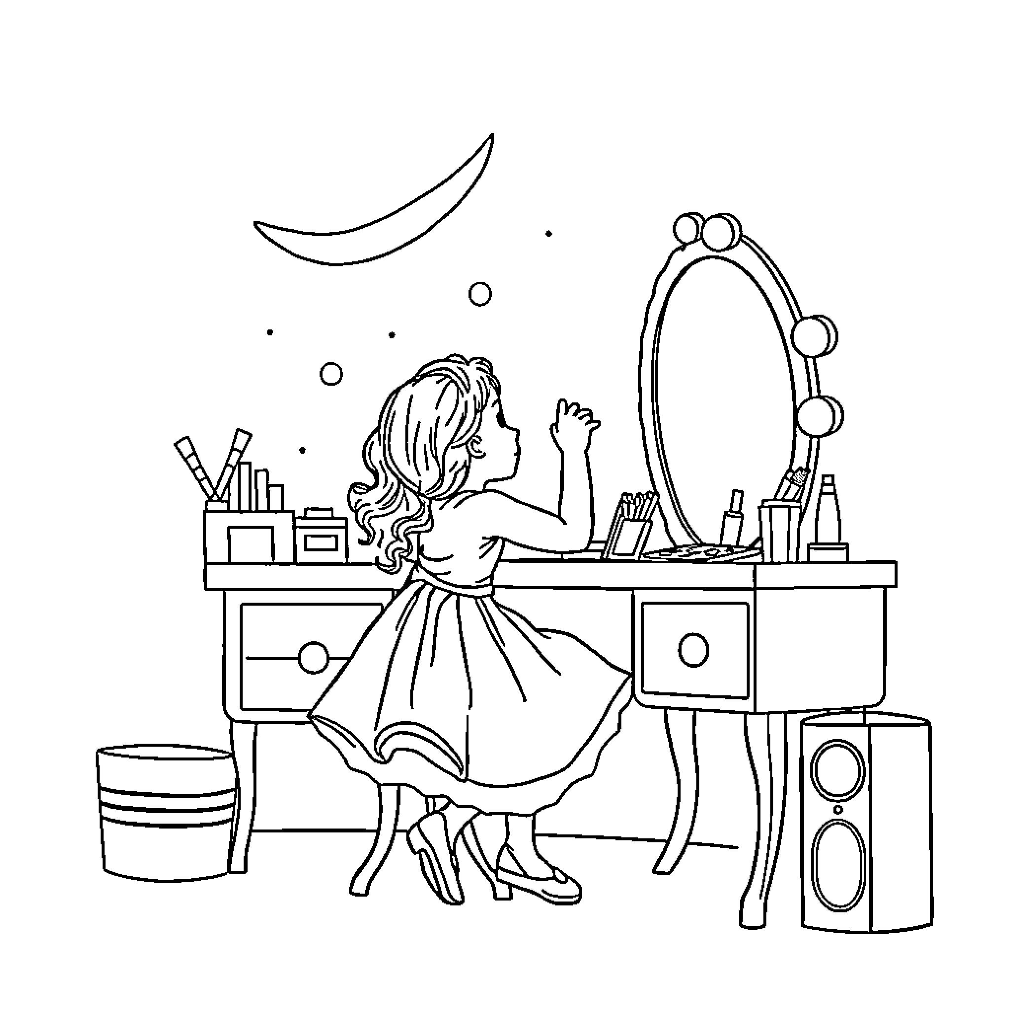 Girl getting ready with makeup and mirror Coloring Page (free black-and-white line drawing printable PDF for all, from beginners to advanced learners, including children, teens, adults, and seniors)