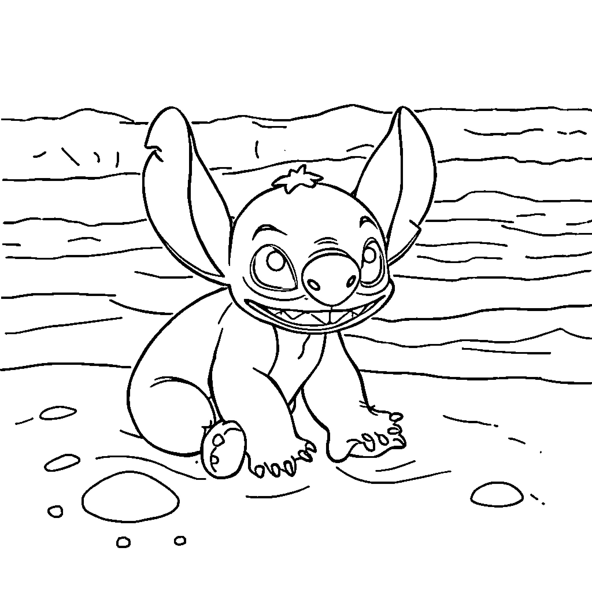 Stitch exploring a scenic landscape Coloring Page (free black-and-white line drawing printable PDF for all, from beginners to advanced learners, including children, teens, adults, and seniors)