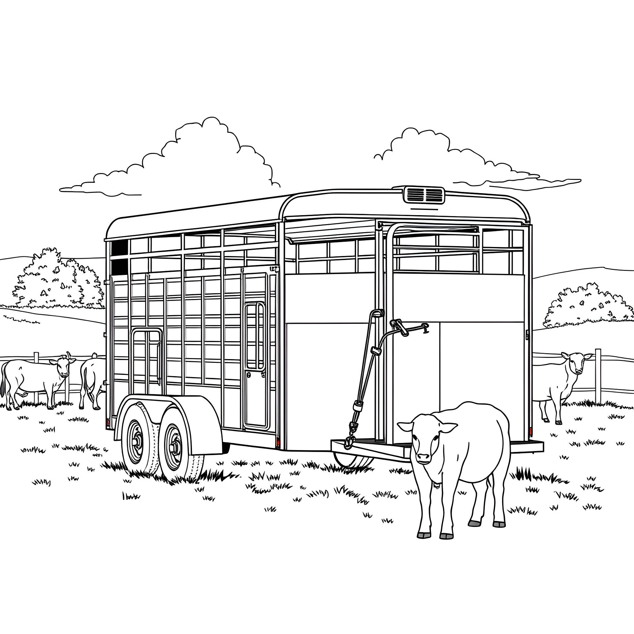 Gooseneck Trailer transporting livestock on a rural landscape Coloring Page (free black-and-white line drawing printable PDF for all, from beginners to advanced learners, including children, teens, adults, and seniors)