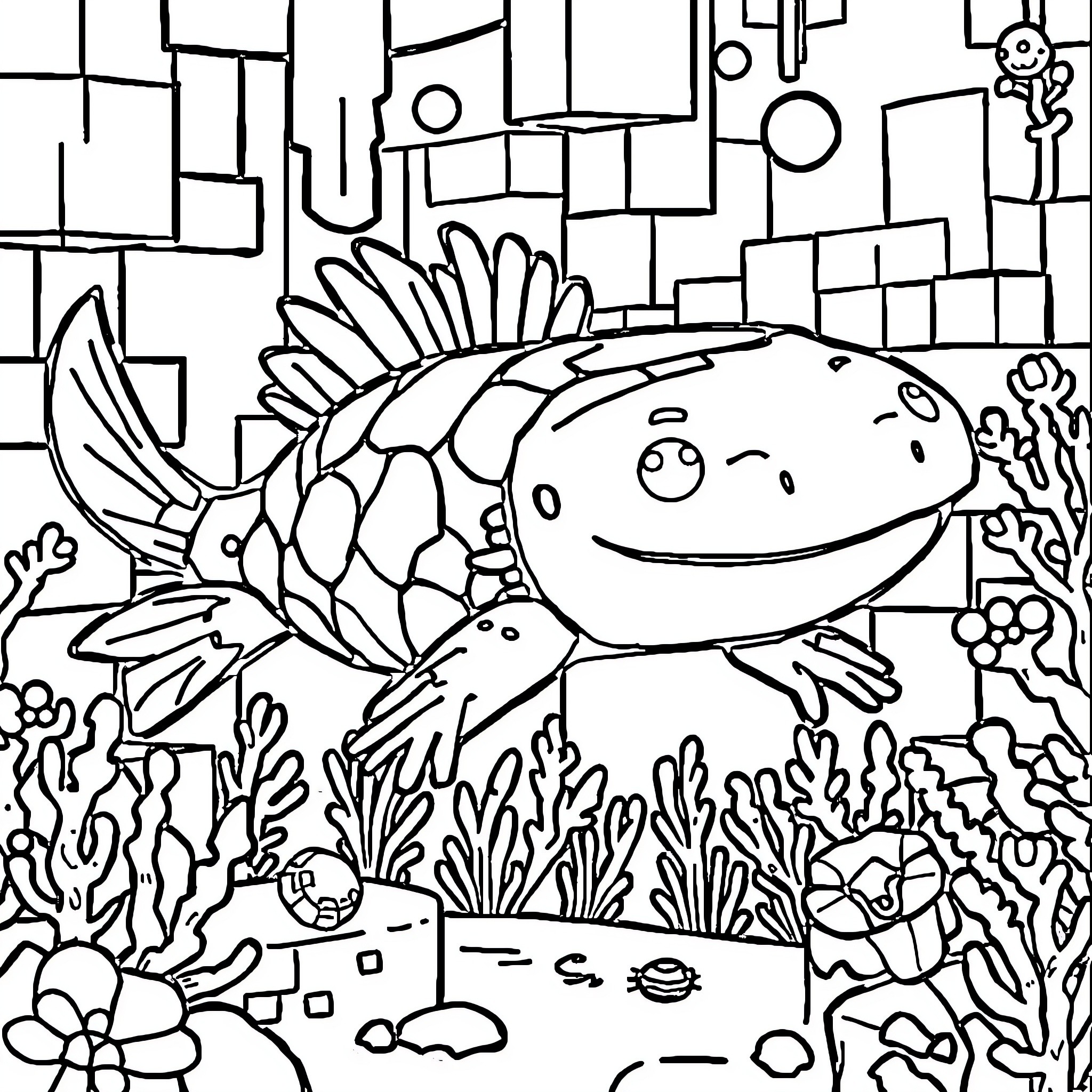 Axolotl swimming playfully through vibrant underwater scene Coloring Page (free black-and-white line drawing printable PDF for all, from beginners to advanced learners, including children, teens, adults, and seniors)