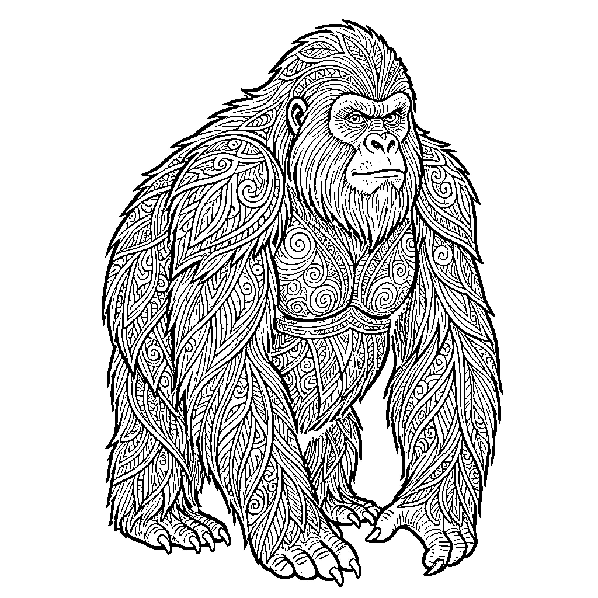 Sasquatch with intricate patterned fur Coloring Page (free black-and-white line drawing printable PDF for all, from beginners to advanced learners, including children, teens, adults, and seniors)