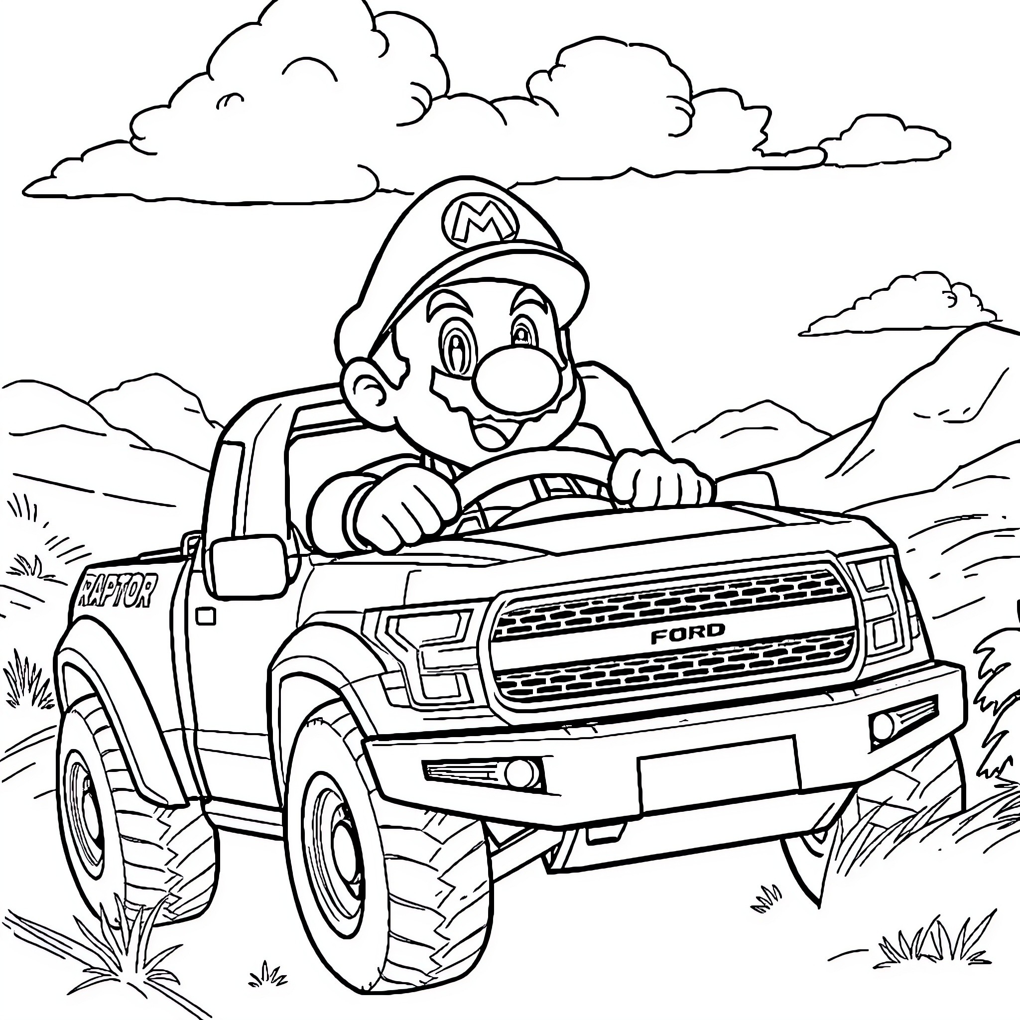 Super Mario driving a monster truck in the countryside Coloring Page (free black-and-white line drawing printable PDF for all, from beginners to advanced learners, including children, teens, adults, and seniors)