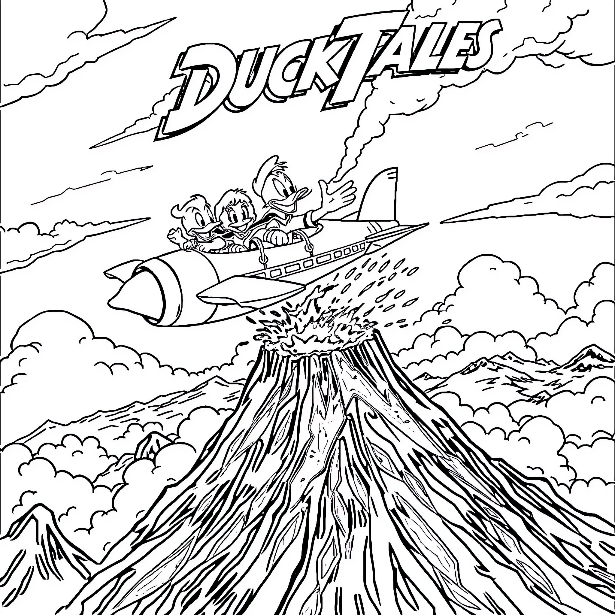 Duck Tales adventure with jet plane over volcanic eruption Coloring Page (free black-and-white line drawing printable PDF for all, from beginners to advanced learners, including children, teens, adults, and seniors)