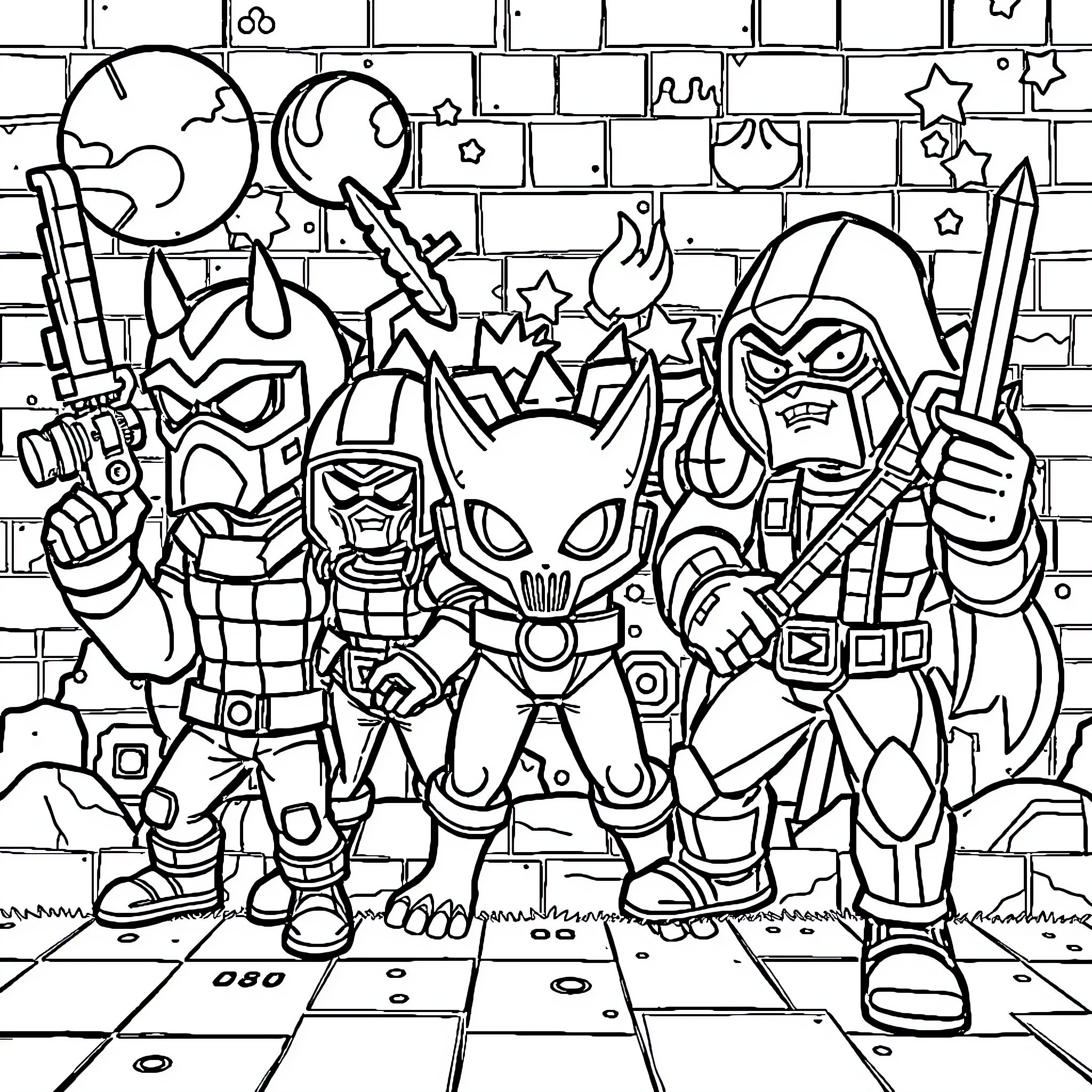 Game Character Lineup of Cartoon Superheroes in Action Poses Coloring Page (free black-and-white line drawing printable PDF for all, from beginners to advanced learners, including children, teens, adults, and seniors)