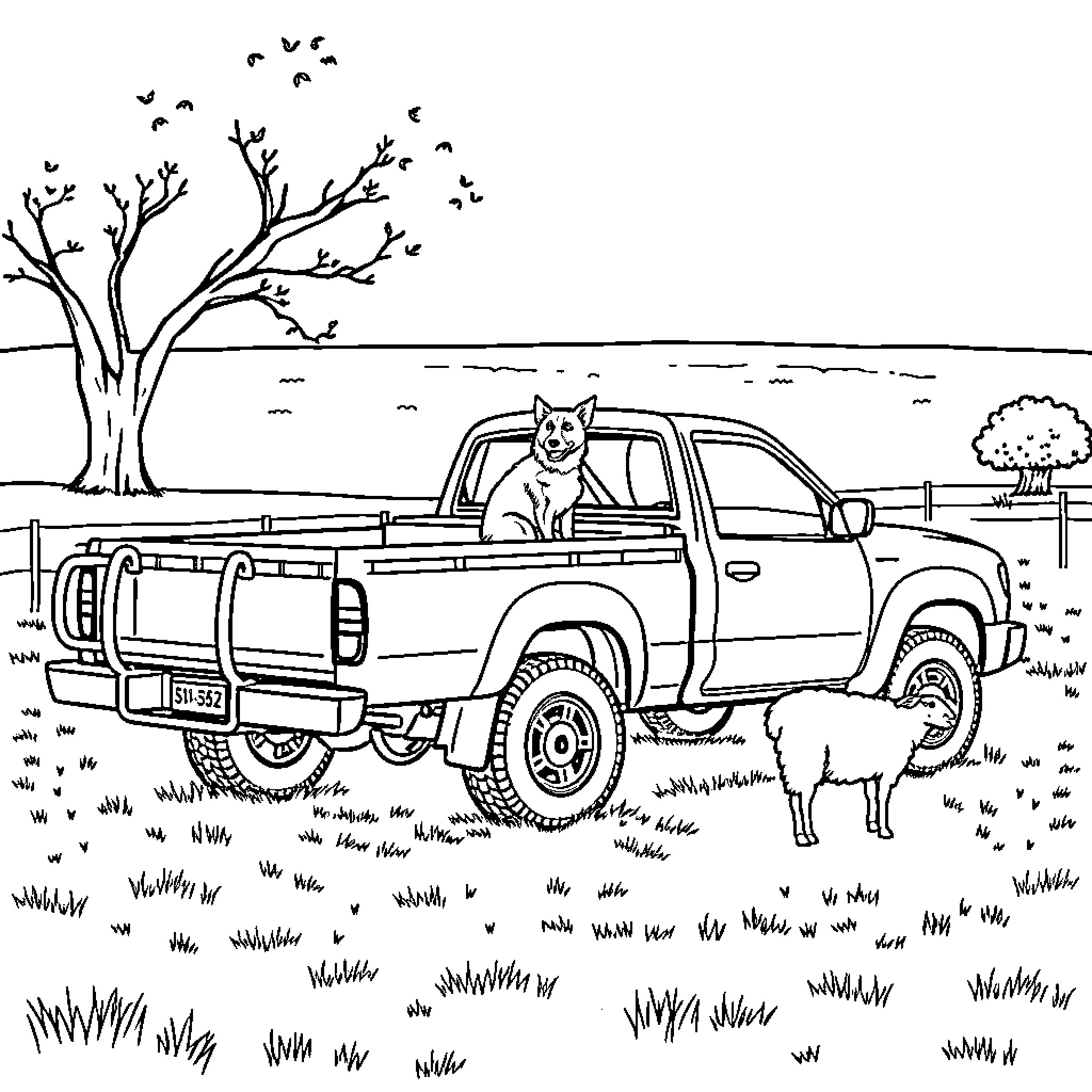 Heeler's Outdoor Adventure in a Truck Coloring Page (free black-and-white line drawing printable PDF for all, from beginners to advanced learners, including children, teens, adults, and seniors)
