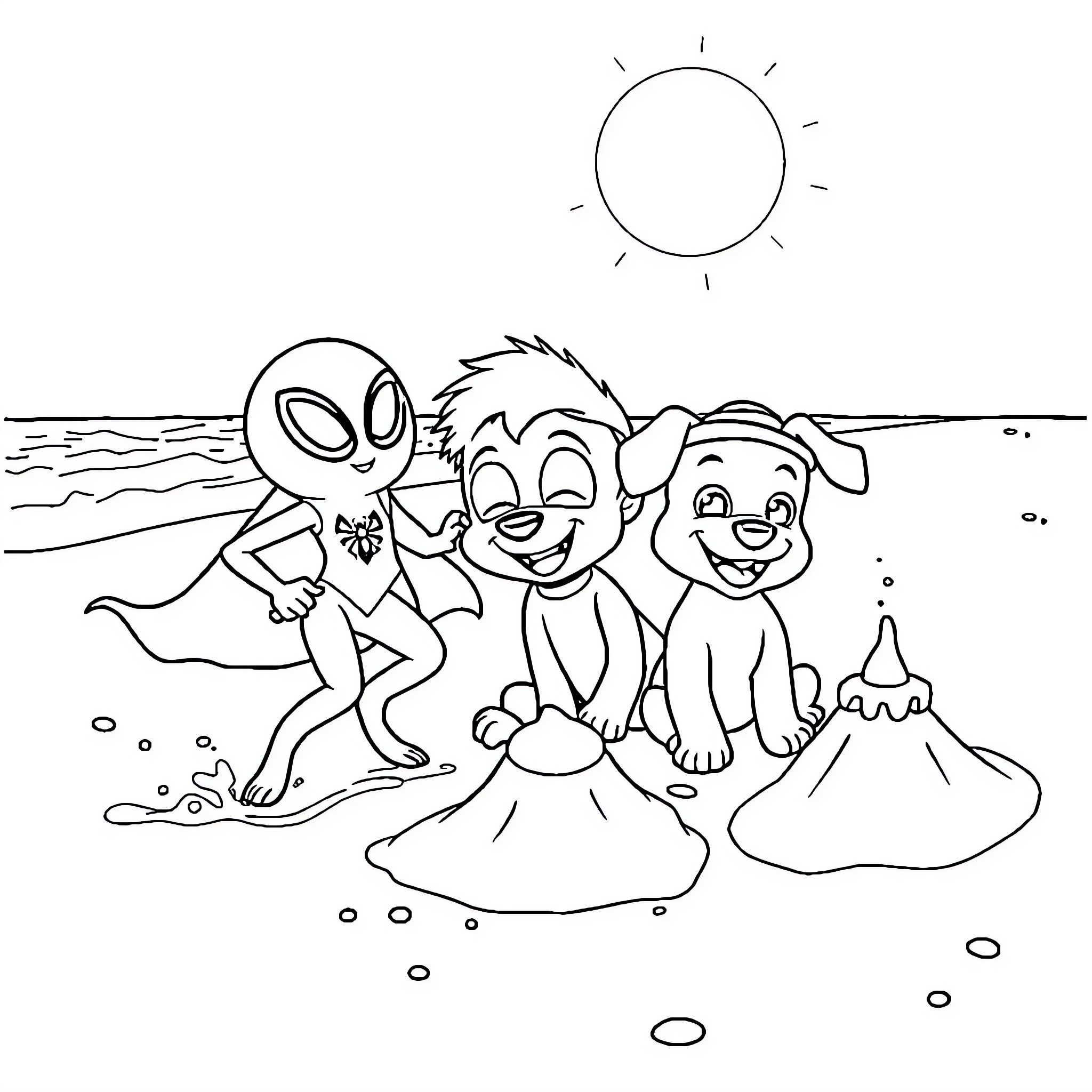 Spider characters enjoying a day at the beach Coloring Page (free black-and-white line drawing printable PDF for all, from beginners to advanced learners, including children, teens, adults, and seniors)