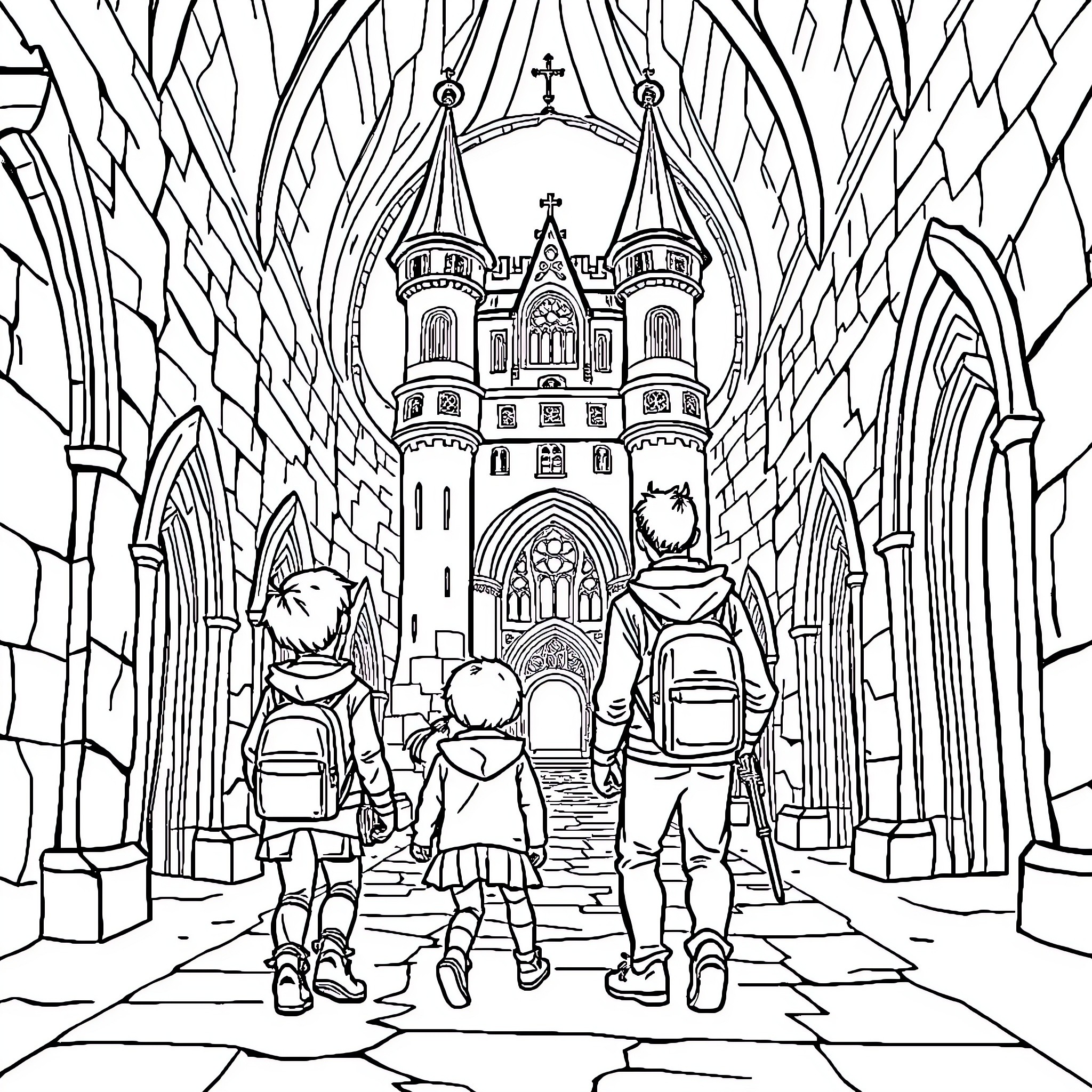 Family exploring historic cathedral architecture Coloring Page (free black-and-white line drawing printable PDF for all, from beginners to advanced learners, including children, teens, adults, and seniors)