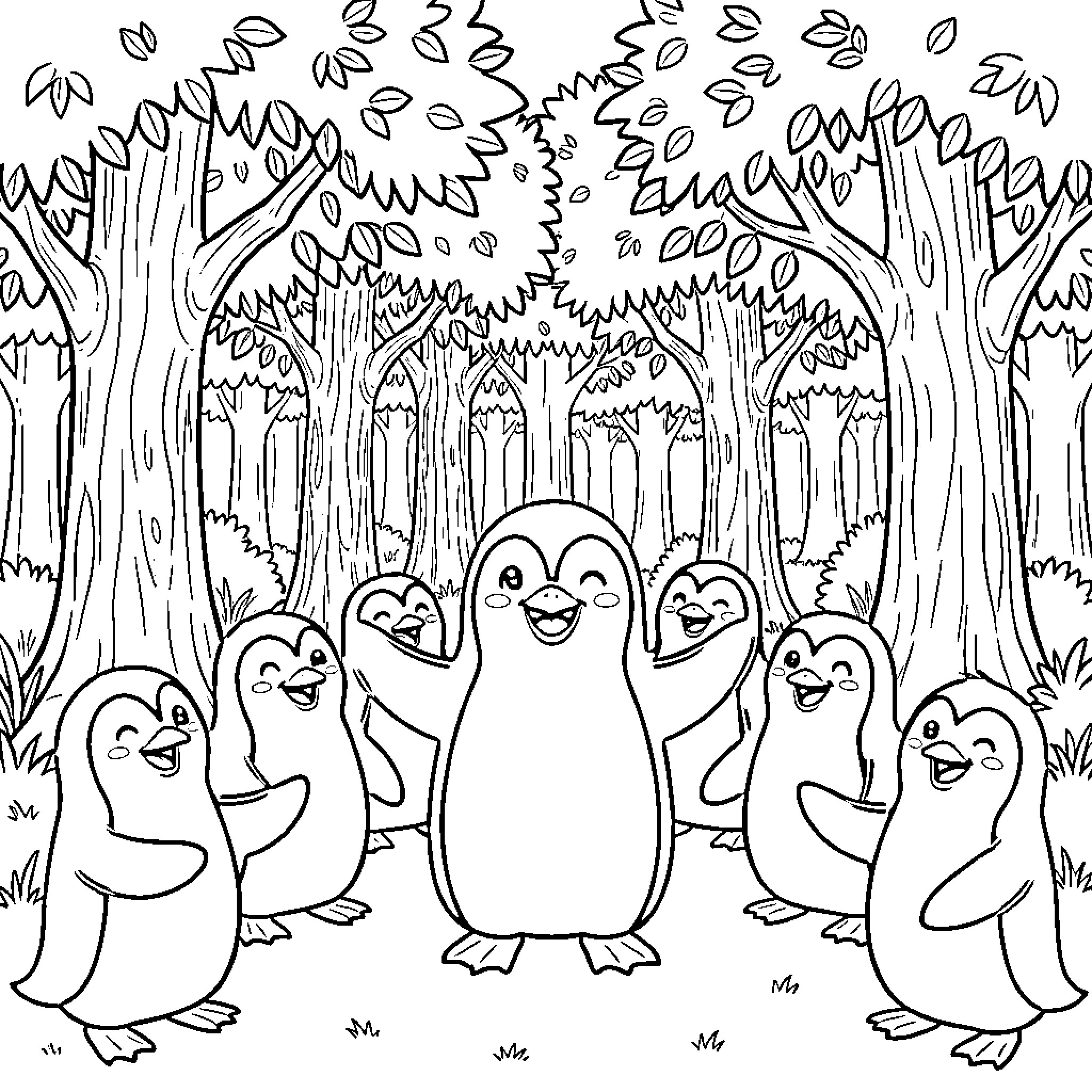Penguin group dancing joyfully in a lush forest Coloring Page (free black-and-white line drawing printable PDF for all, from beginners to advanced learners, including children, teens, adults, and seniors)