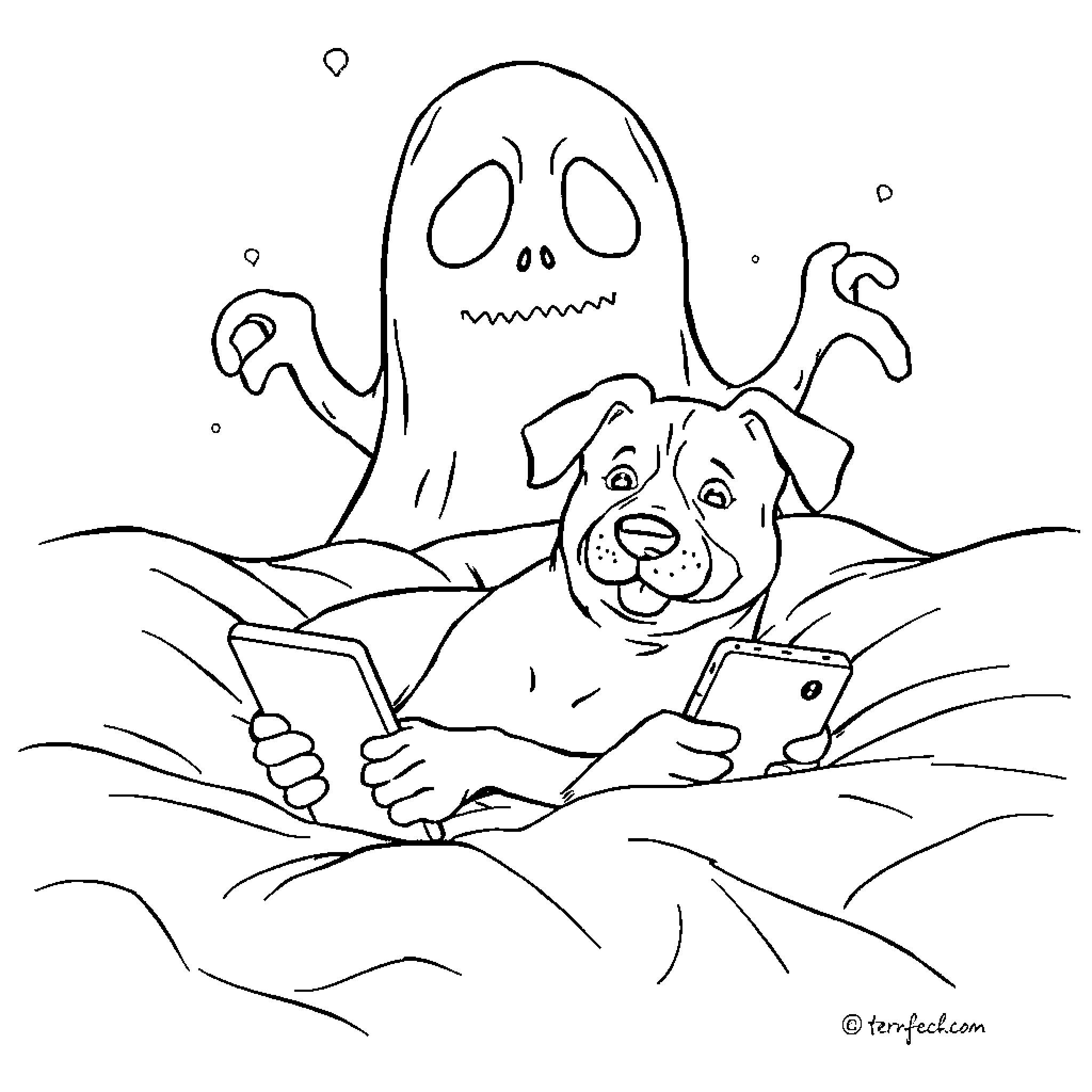 Dog playing video games with spooky ghost Coloring Page (free black-and-white line drawing printable PDF for all, from beginners to advanced learners, including children, teens, adults, and seniors)