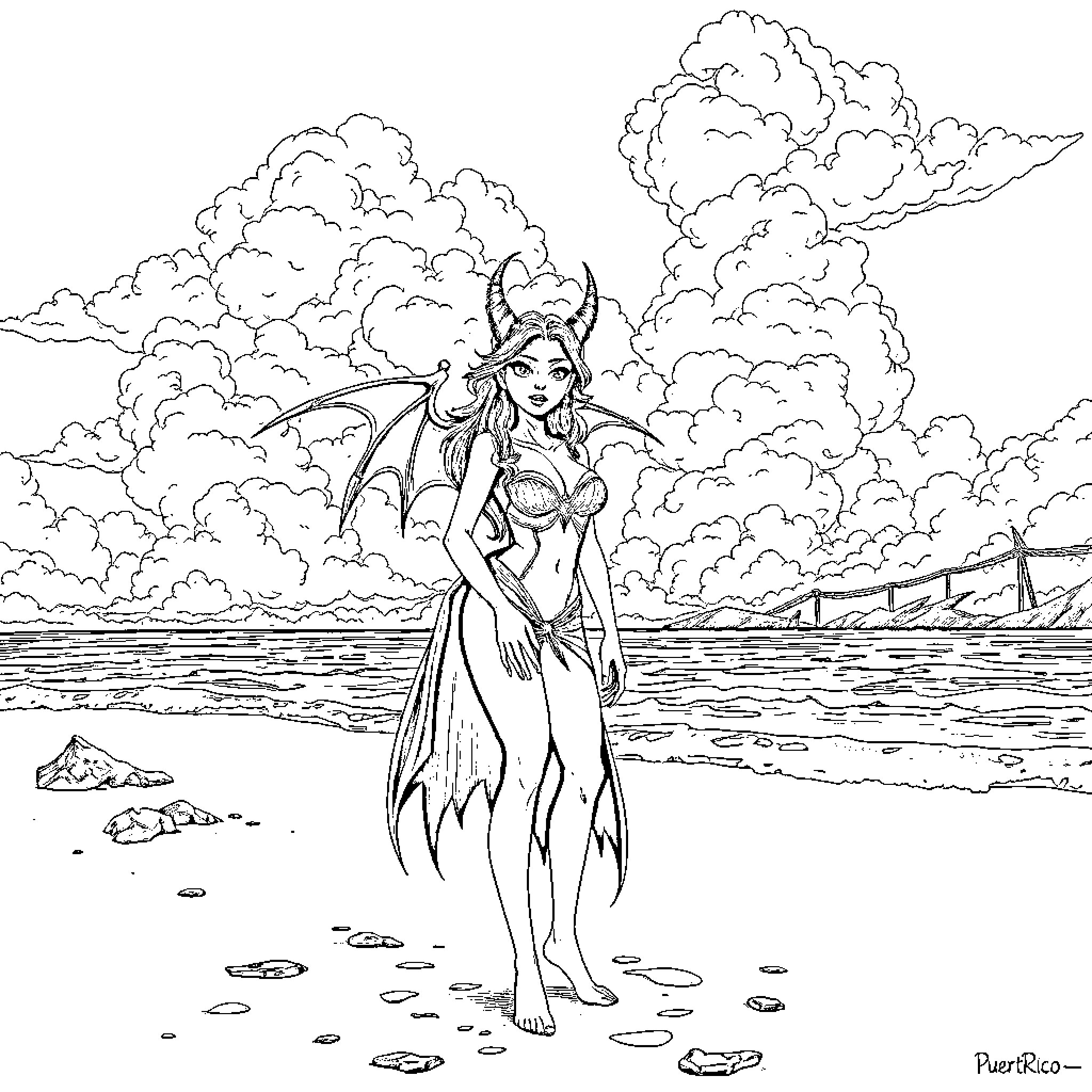 Vampire Lady by the Stormy Sea Coloring Page (free black-and-white line drawing printable PDF for all, from beginners to advanced learners, including children, teens, adults, and seniors)