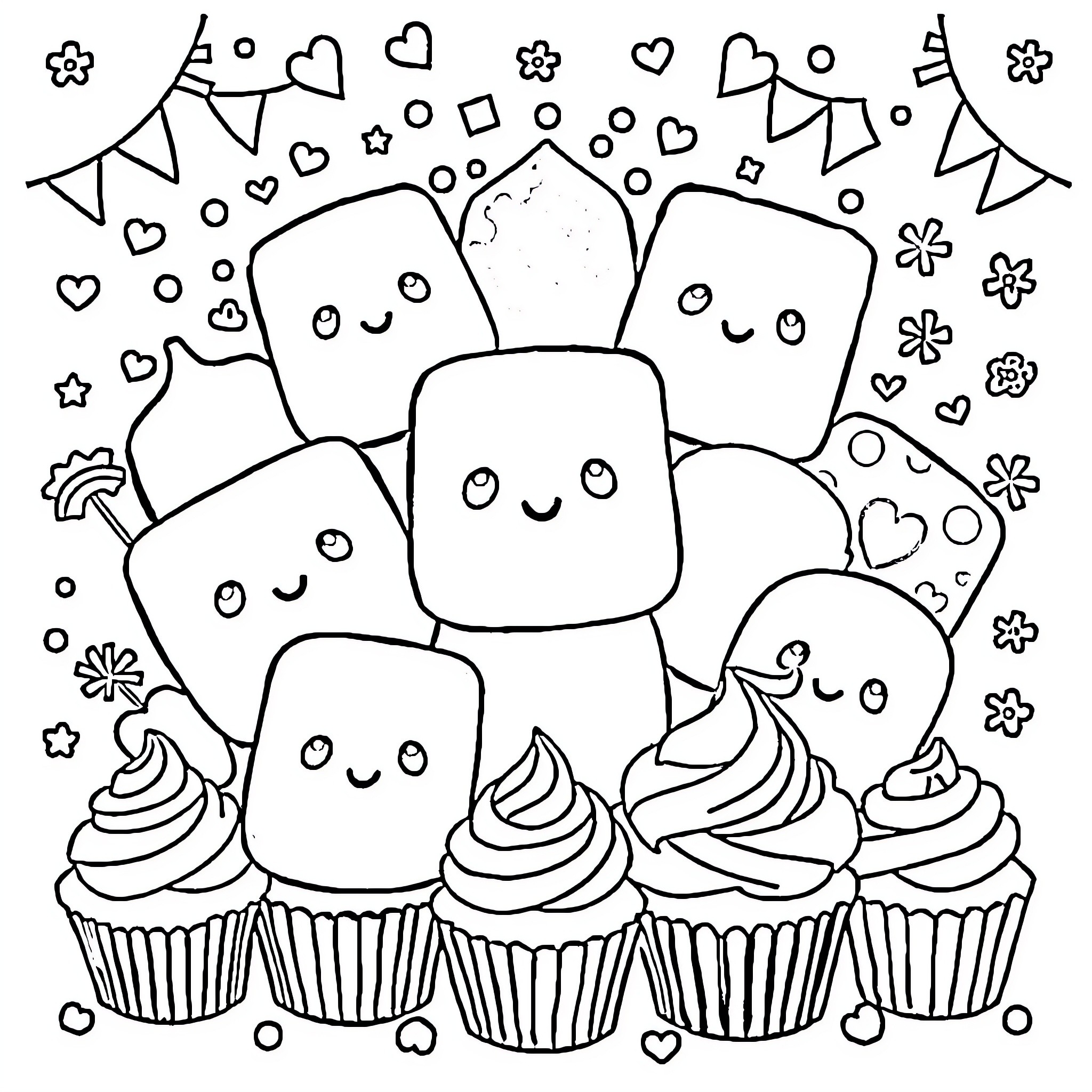 Squishmallows having a party with cupcakes Coloring Page (free black-and-white line drawing printable PDF for all, from beginners to advanced learners, including children, teens, adults, and seniors)