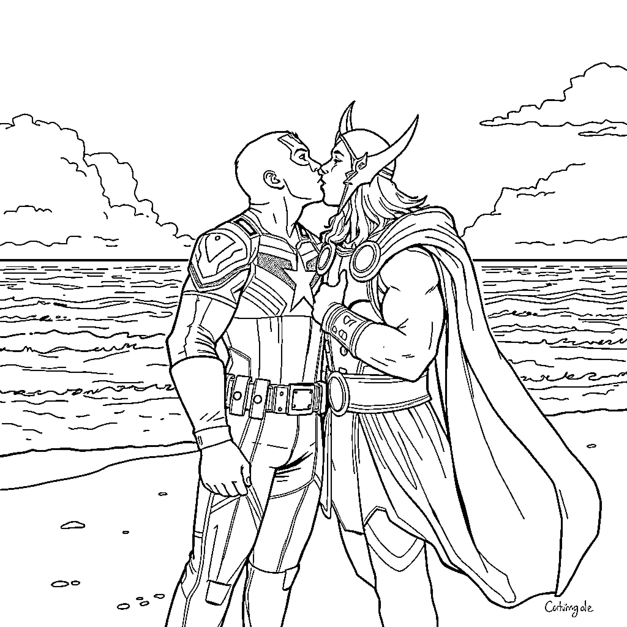Captain America and Thor Embracing on the Beach Coloring Page (free black-and-white line drawing printable PDF for all, from beginners to advanced learners, including children, teens, adults, and seniors)