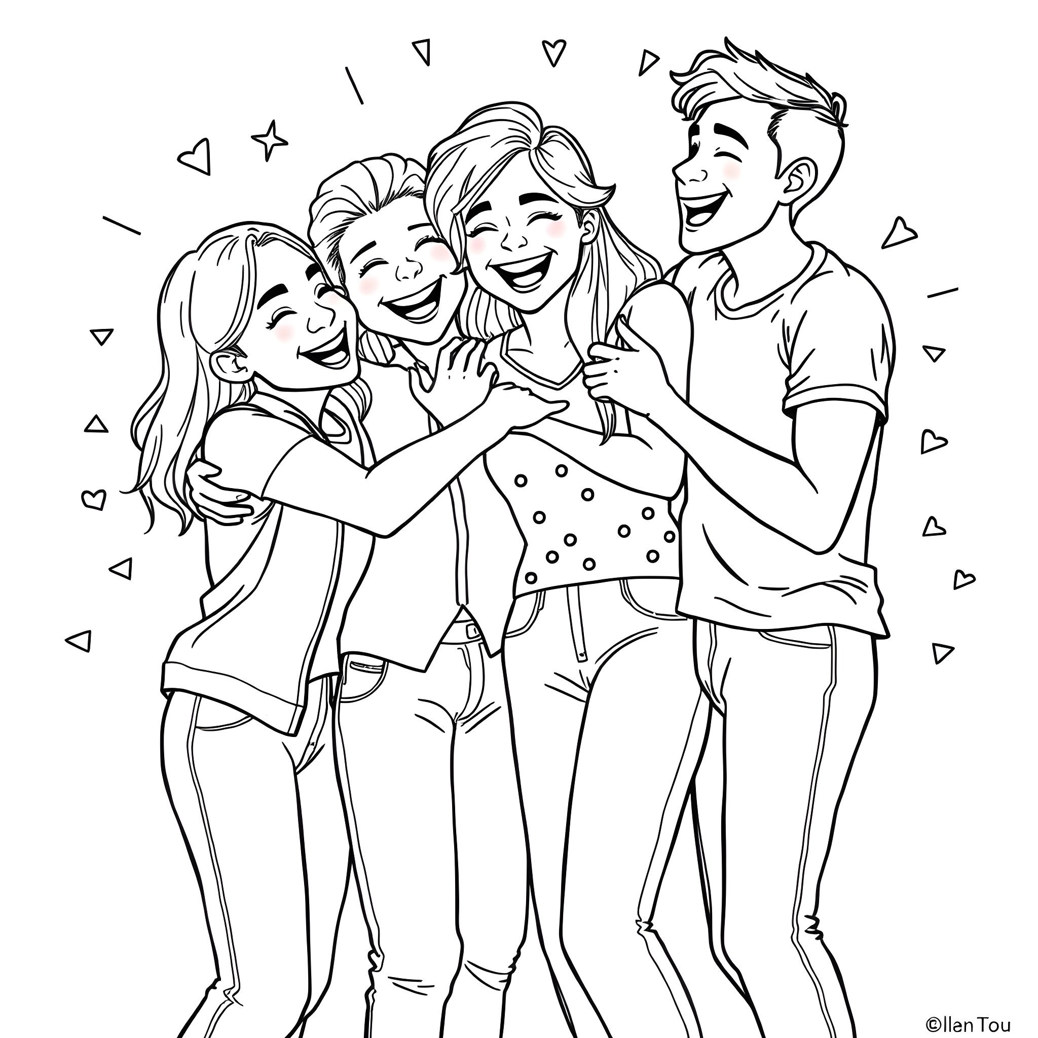 Dude happy with his group of friends Coloring Page (free black-and-white line drawing printable PDF for all, from beginners to advanced learners, including children, teens, adults, and seniors)