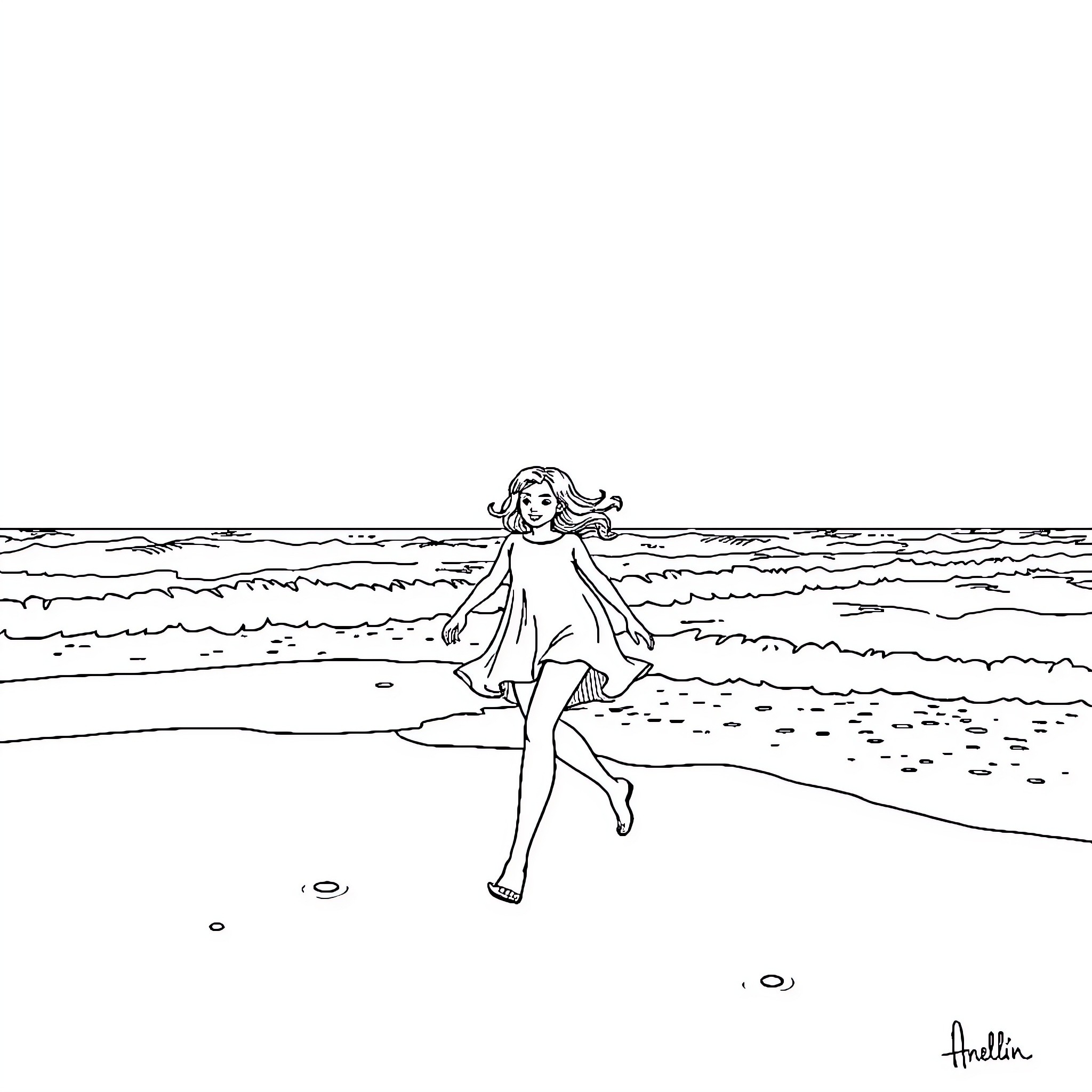 Amelie joyfully skipping by the serene ocean Coloring Page (free black-and-white line drawing printable PDF for all, from beginners to advanced learners, including children, teens, adults, and seniors)