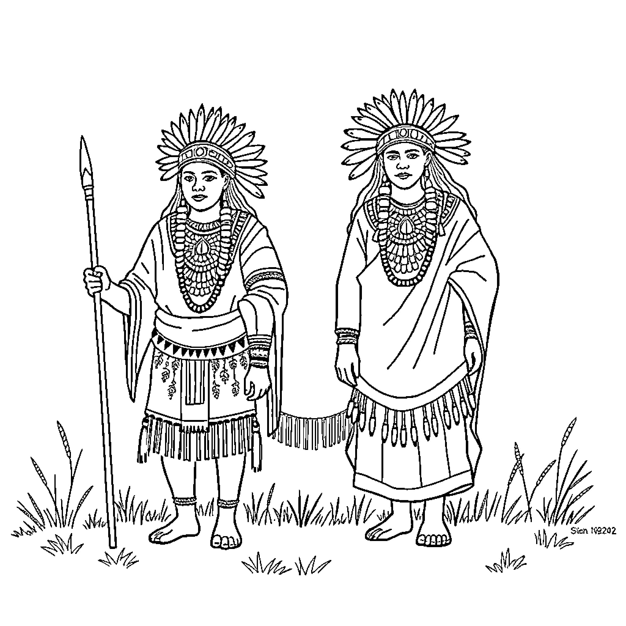 Indigenous People in Traditional Attire and Posture Coloring Page (free black-and-white line drawing printable PDF for all, from beginners to advanced learners, including children, teens, adults, and seniors)