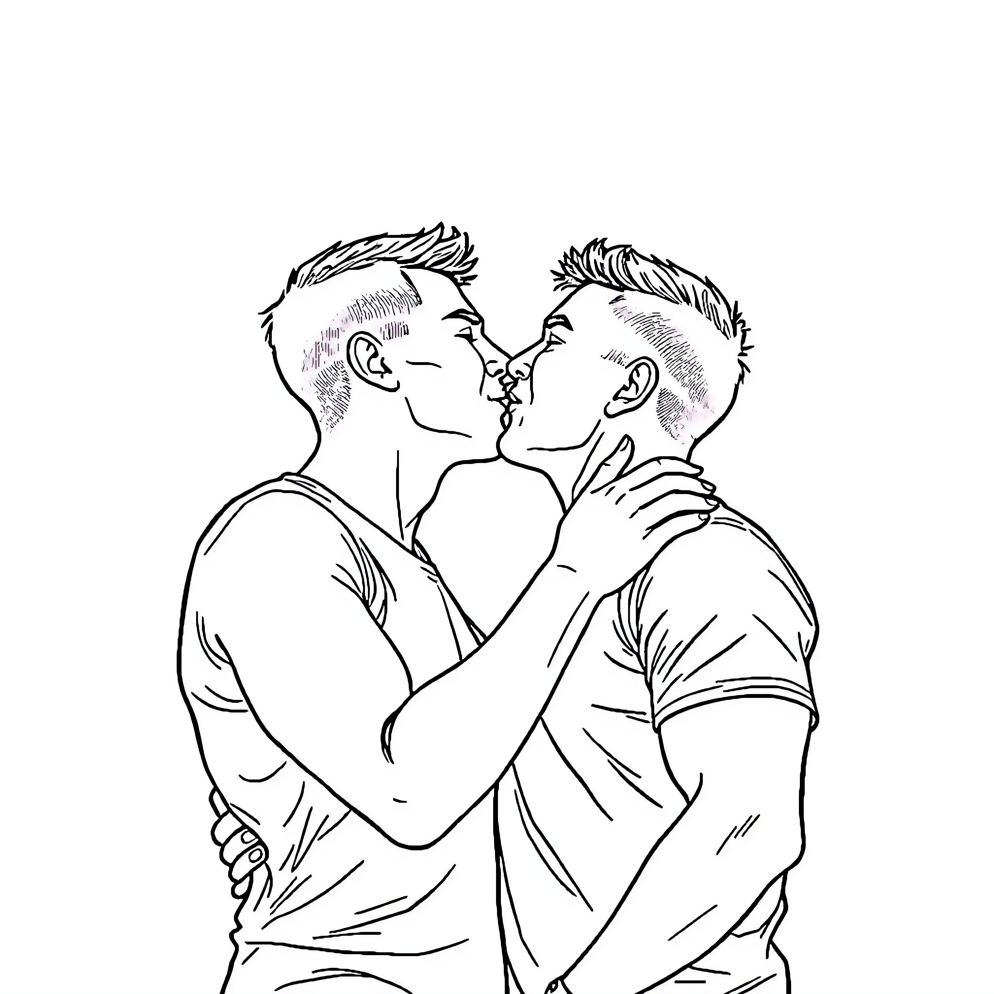 Man embracing another man affectionately Coloring Page (free black-and-white line drawing printable PDF for all, from beginners to advanced learners, including children, teens, adults, and seniors)