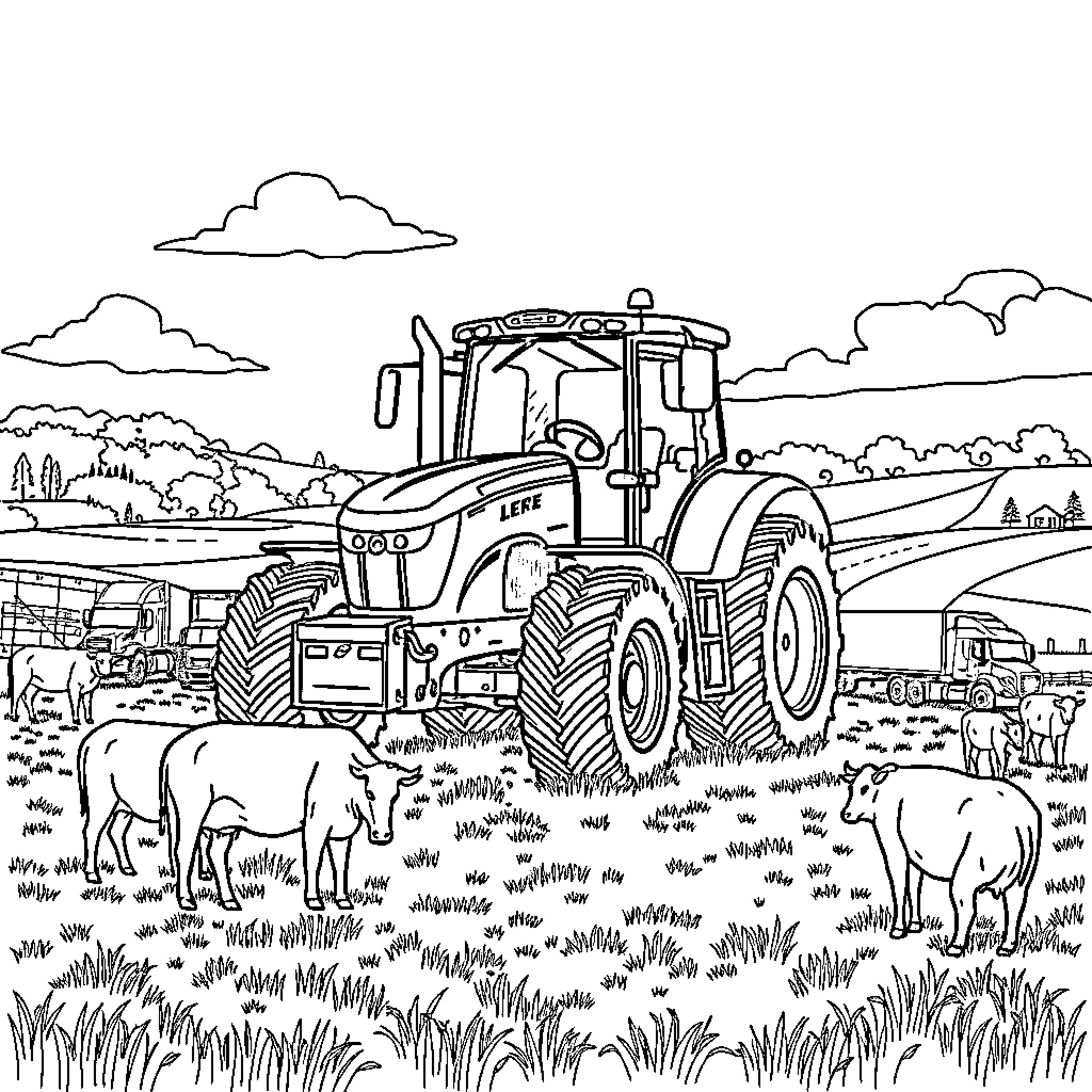 Tractor plowing through a scenic farmland Coloring Page (free black-and-white line drawing printable PDF for all, from beginners to advanced learners, including children, teens, adults, and seniors)