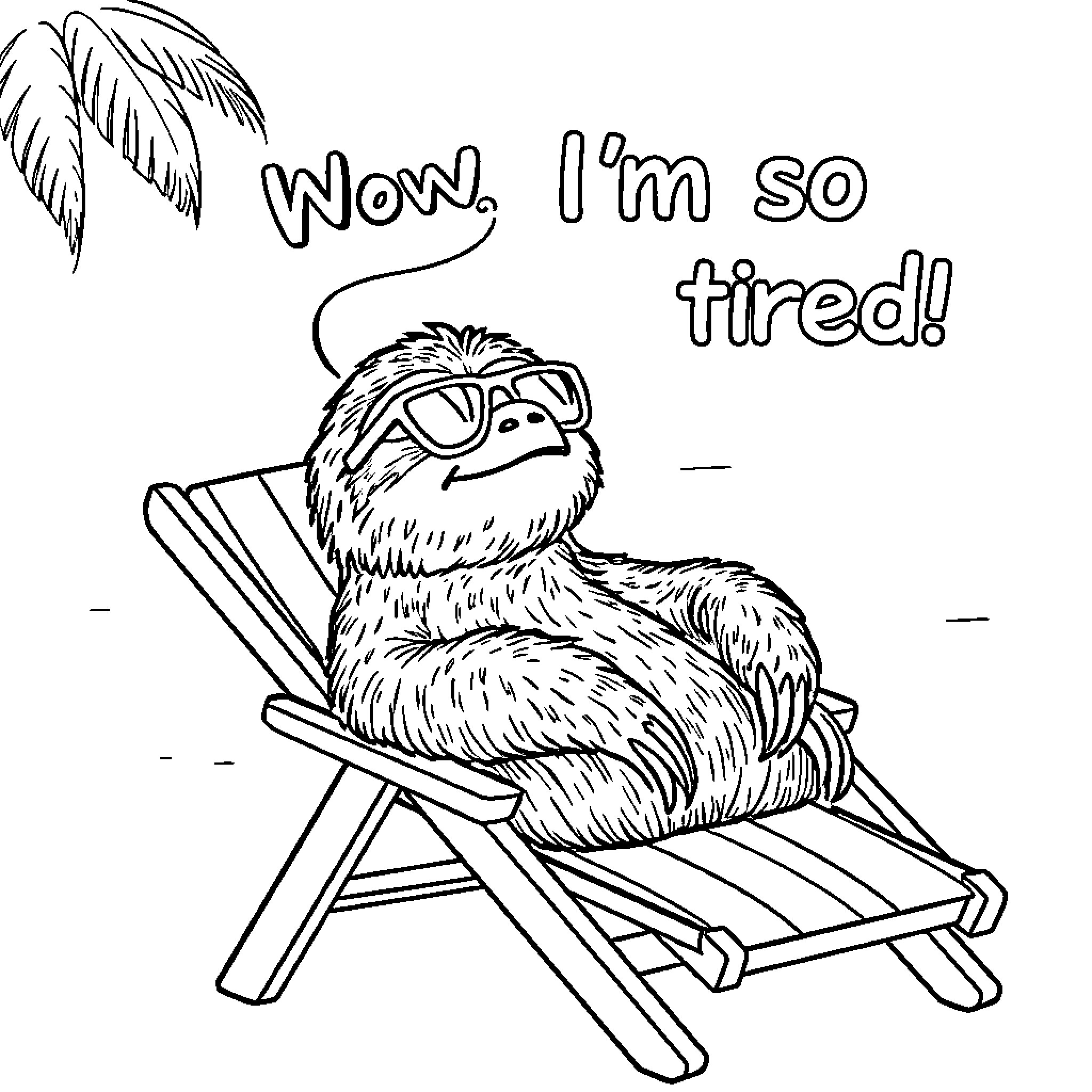 Sloth relaxing on beach chair, feeling tired Coloring Page (free black-and-white line drawing printable PDF for all, from beginners to advanced learners, including children, teens, adults, and seniors)