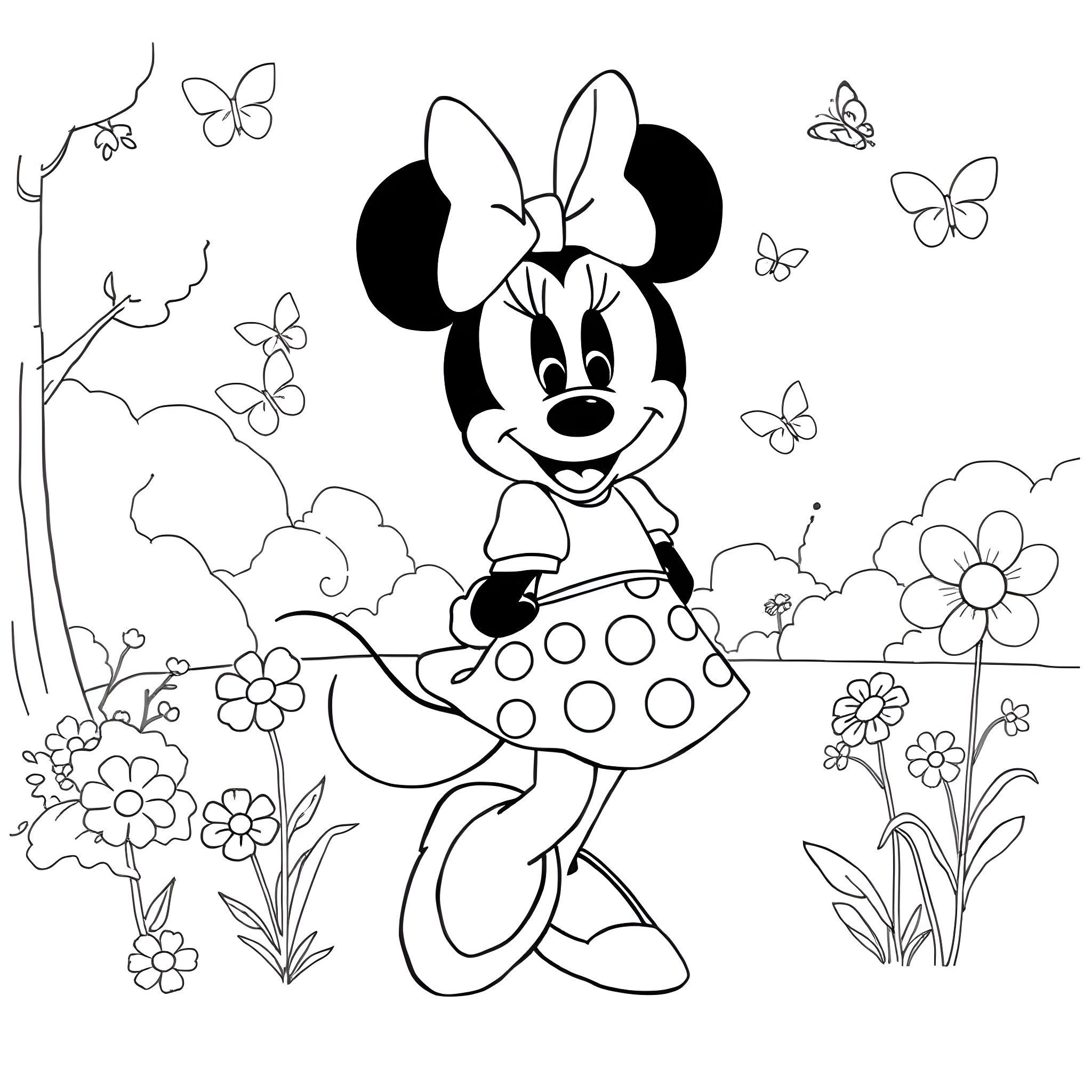 Minnie Mouse in a Flowery Garden Coloring Page (free black-and-white line drawing printable PDF for all, from beginners to advanced learners, including children, teens, adults, and seniors)