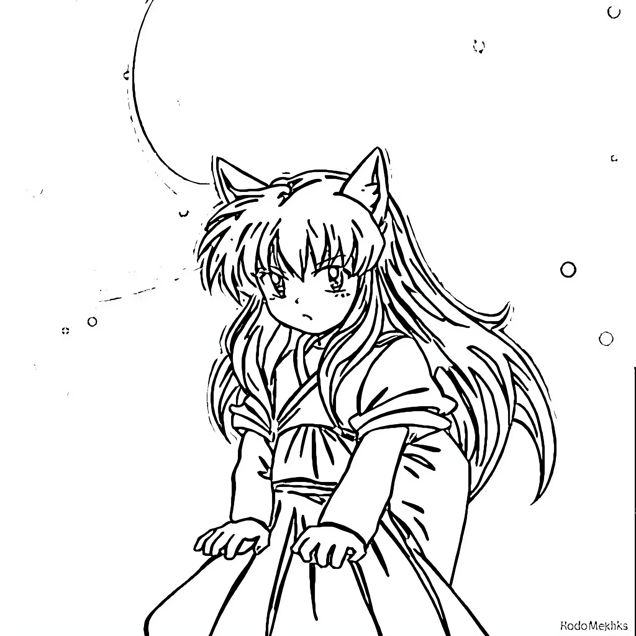 Inuyasha character in contemplative pose Coloring Page (free black-and-white line drawing printable PDF for all, from beginners to advanced learners, including children, teens, adults, and seniors)