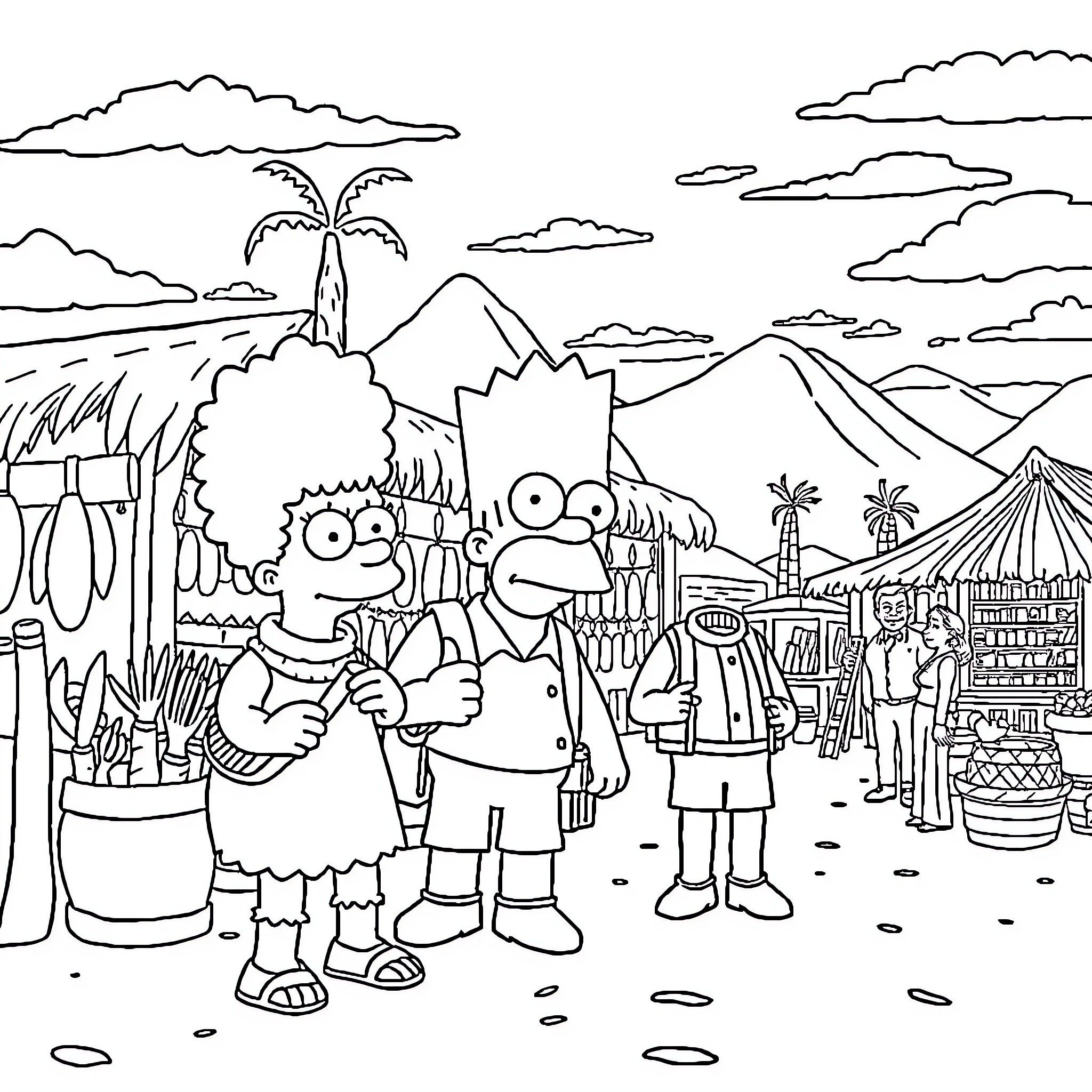 The Simpsons family exploring an exotic tropical island Coloring Page (free black-and-white line drawing printable PDF for all, from beginners to advanced learners, including children, teens, adults, and seniors)