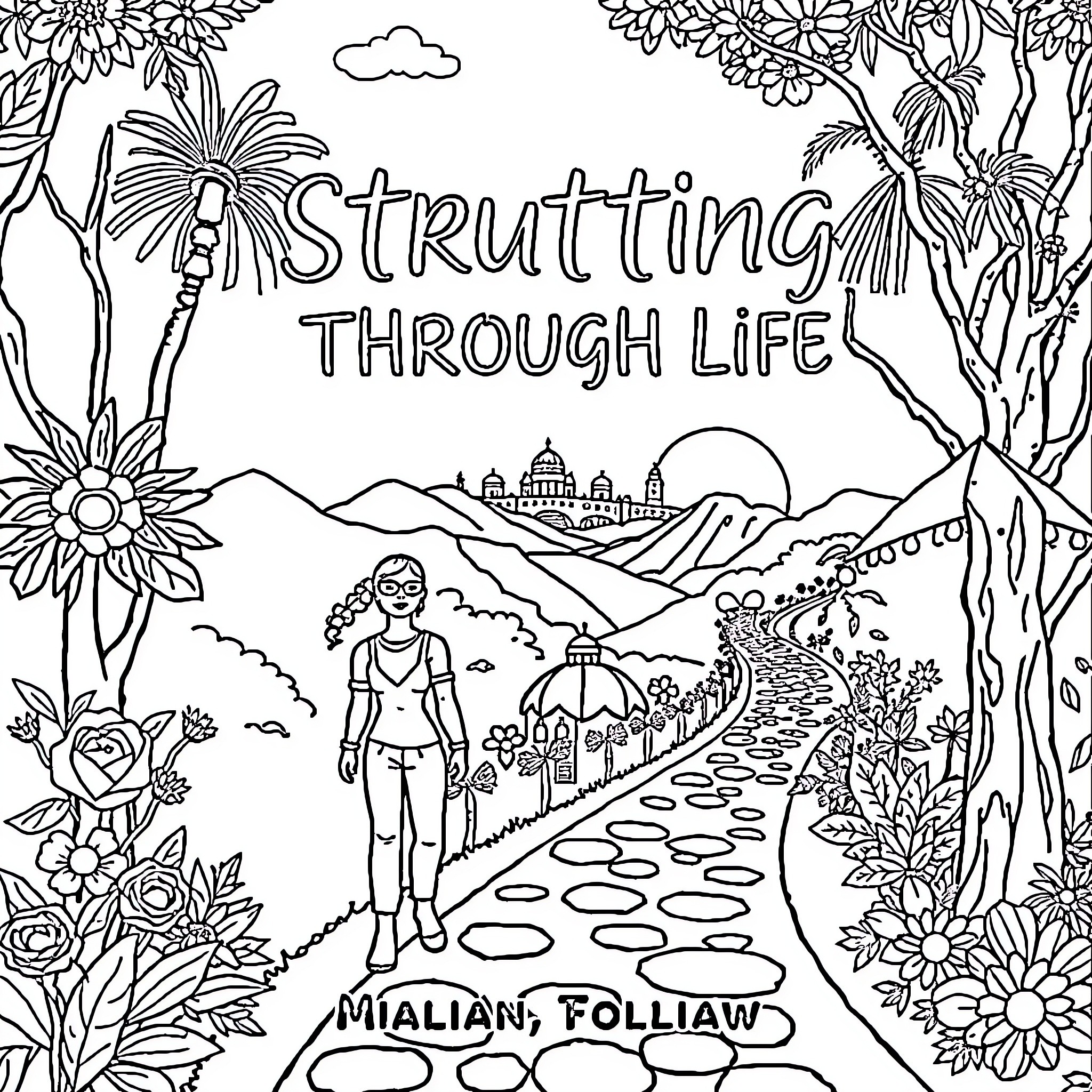 Book on strutting through life Coloring Page (free black-and-white line drawing printable PDF for all, from beginners to advanced learners, including children, teens, adults, and seniors)