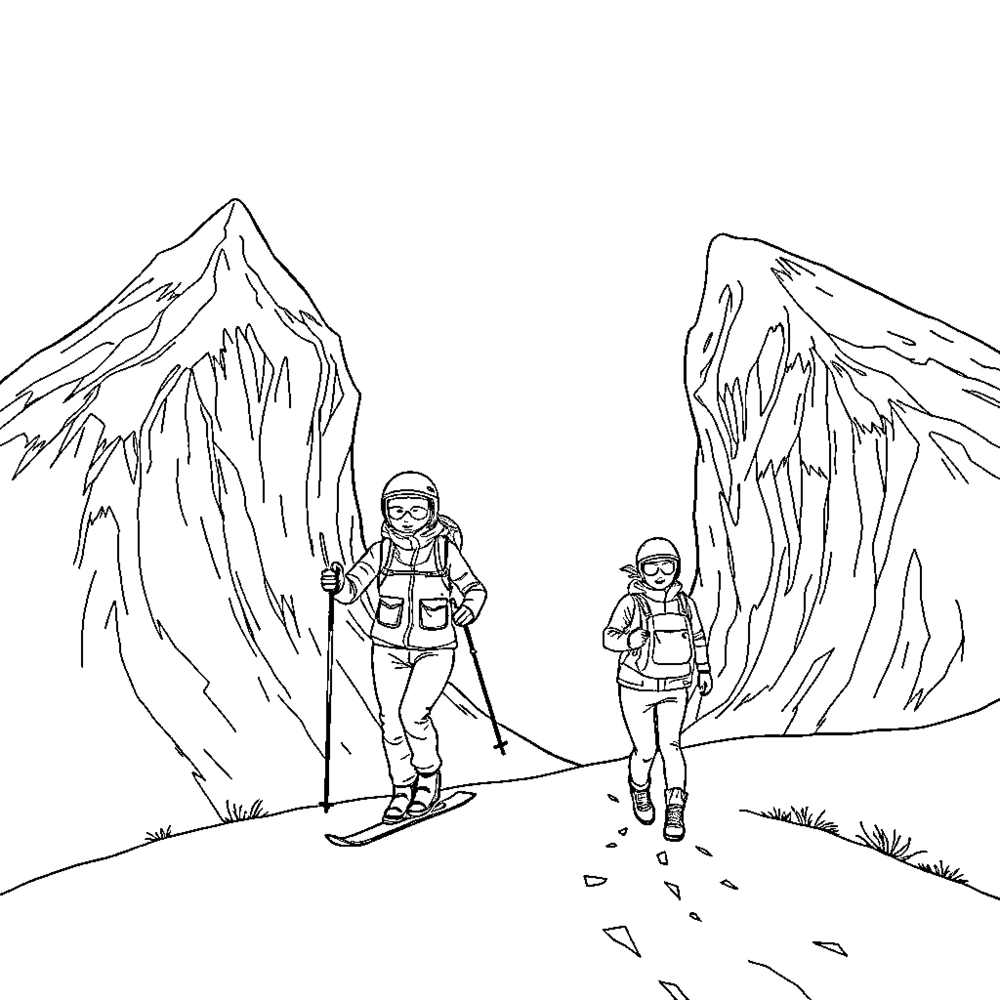 Mountain Hikers Trekking Through Rugged Terrain Coloring Page (free black-and-white line drawing printable PDF for all, from beginners to advanced learners, including children, teens, adults, and seniors)
